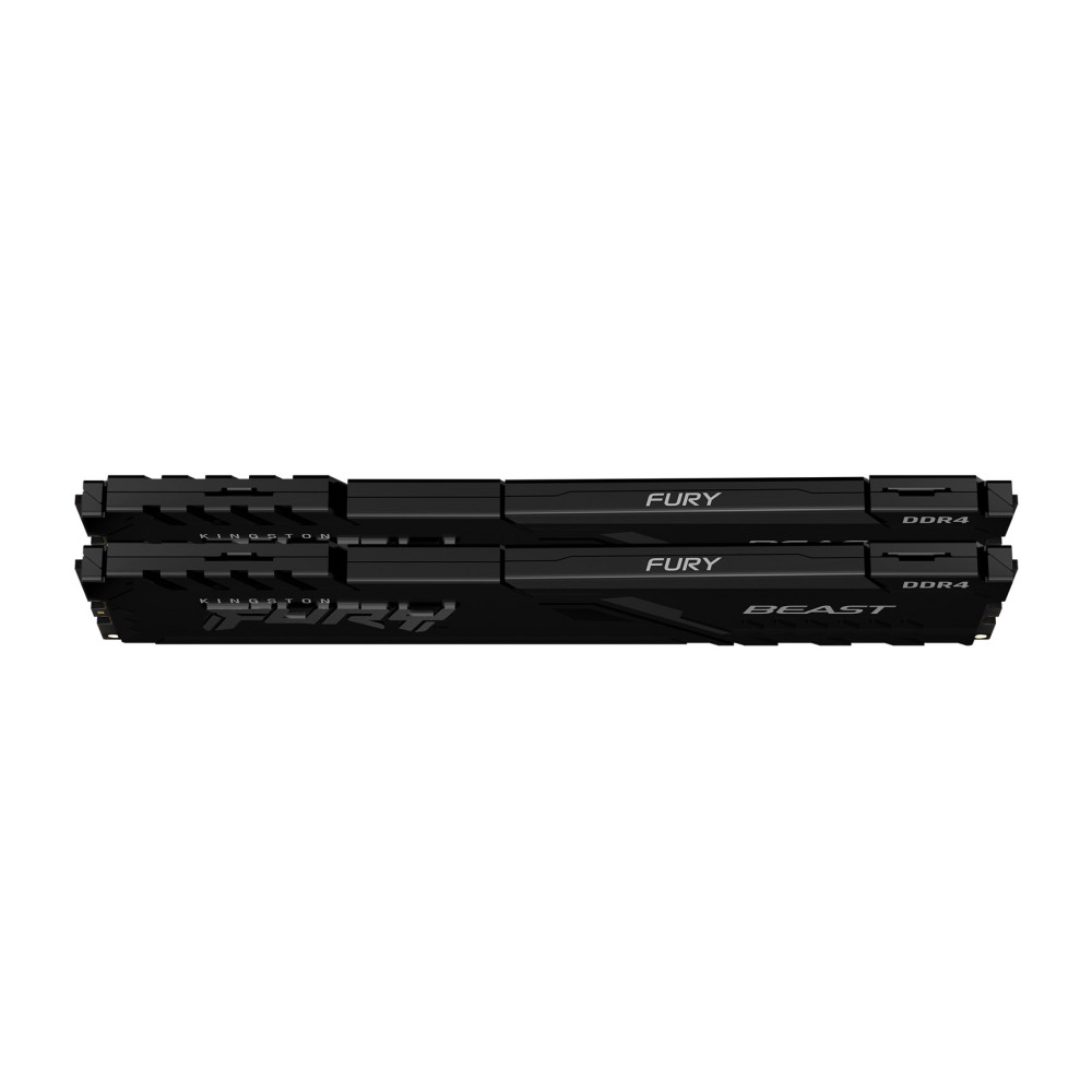 Dwie czarne kości pamięci RAM Kingston FURY Beast DDR4 na białym tle.