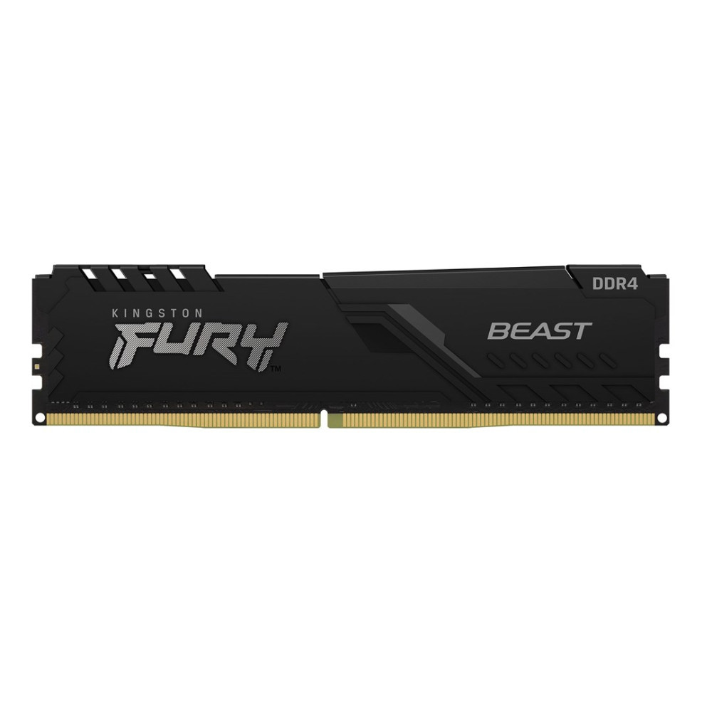 Czarny moduł pamięci RAM Kingston Fury Beast DDR4 z białym napisem na białym tle.