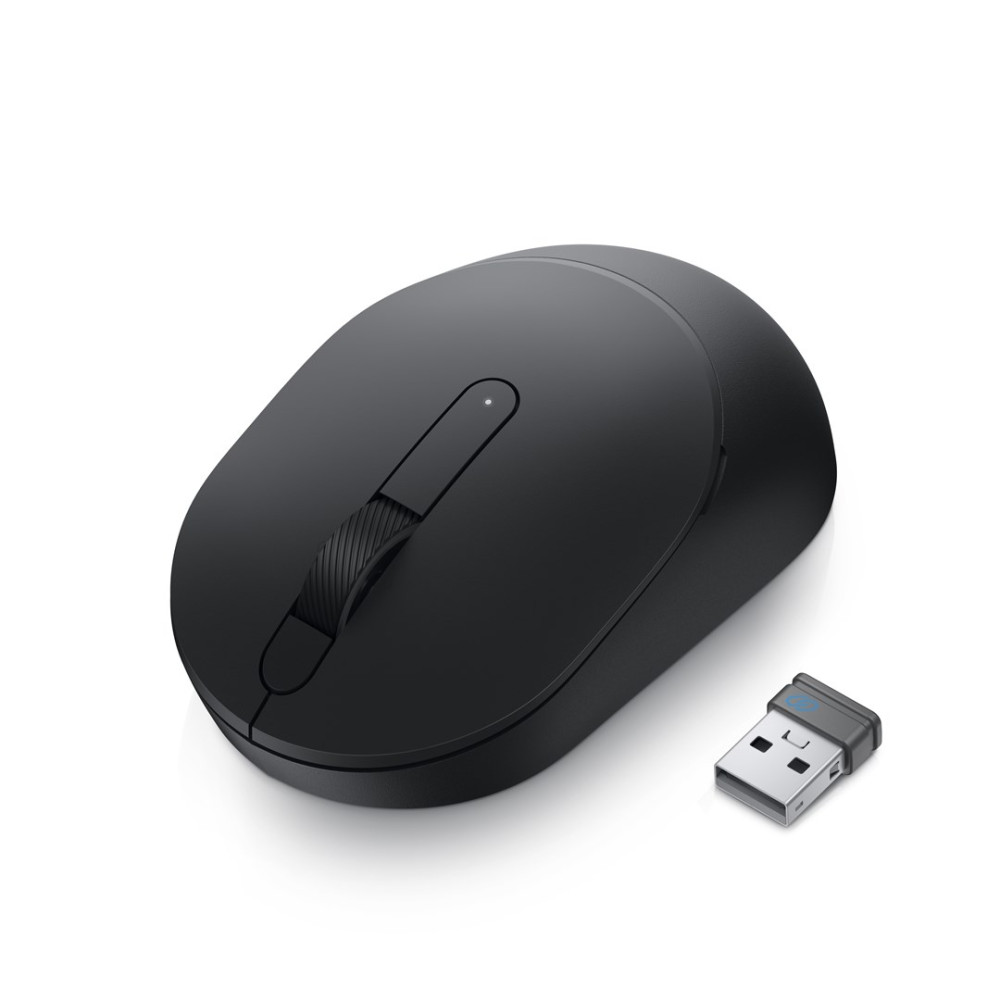 Czarna mysz komputerowa bezprzewodowa z rolką przewijania i małym odbiornikiem USB na białym tle.