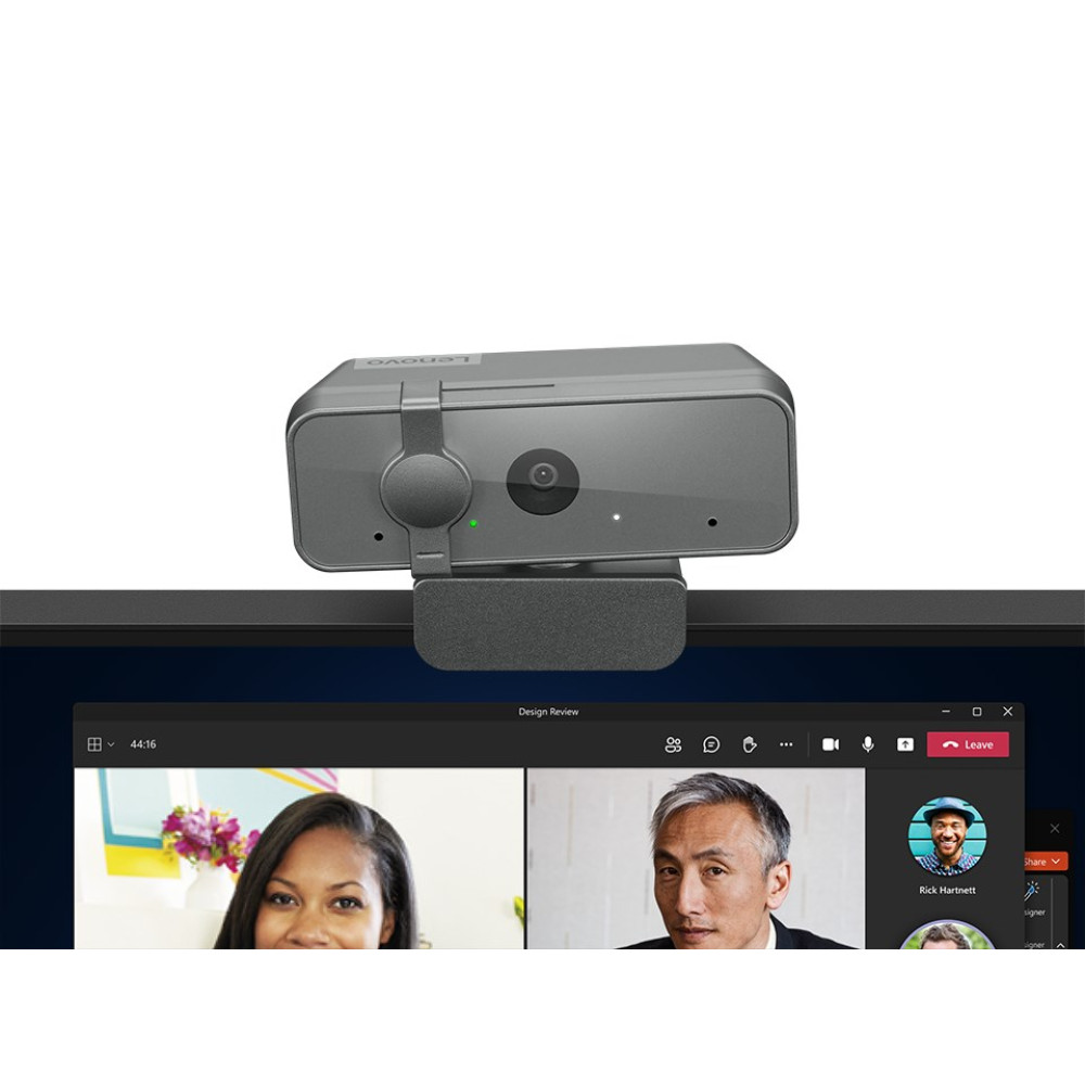 Szara kamera internetowa Lenovo jest zamontowana na monitorze i wyświetla wideorozmowę.