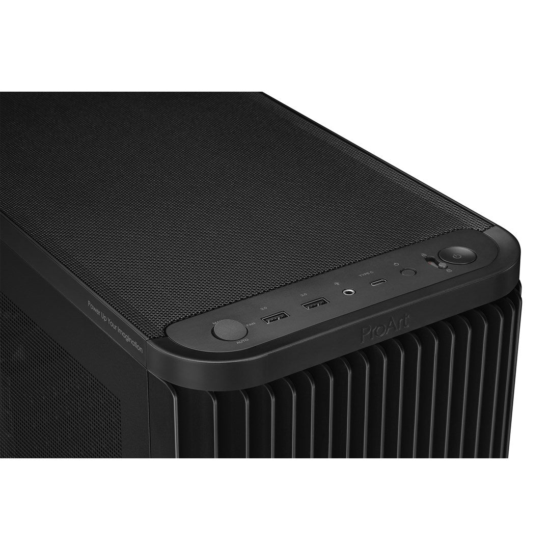 Górny panel czarnej obudowy PC z siatką, przednimi portami i logo ProArt.