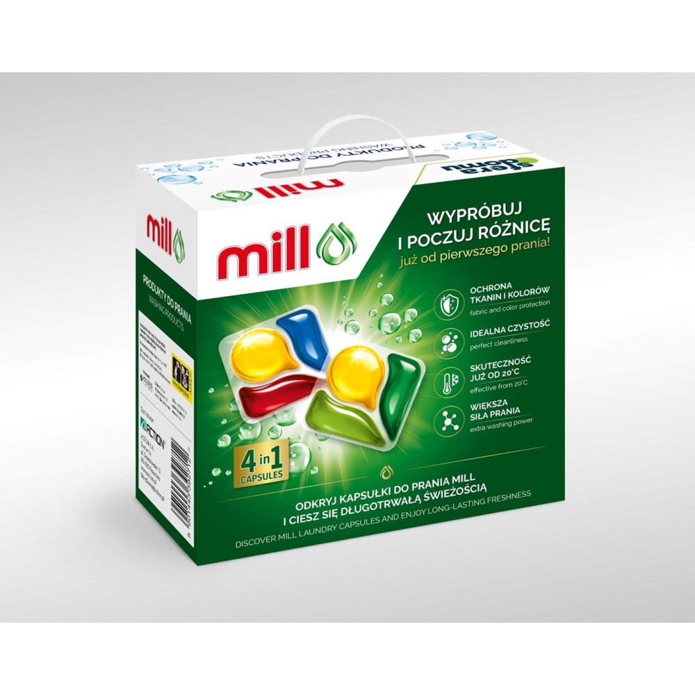 Opakowanie kapsułek do prania Mill 4 w 1 w zielono-białym pudełku z informacjami o produkcie.