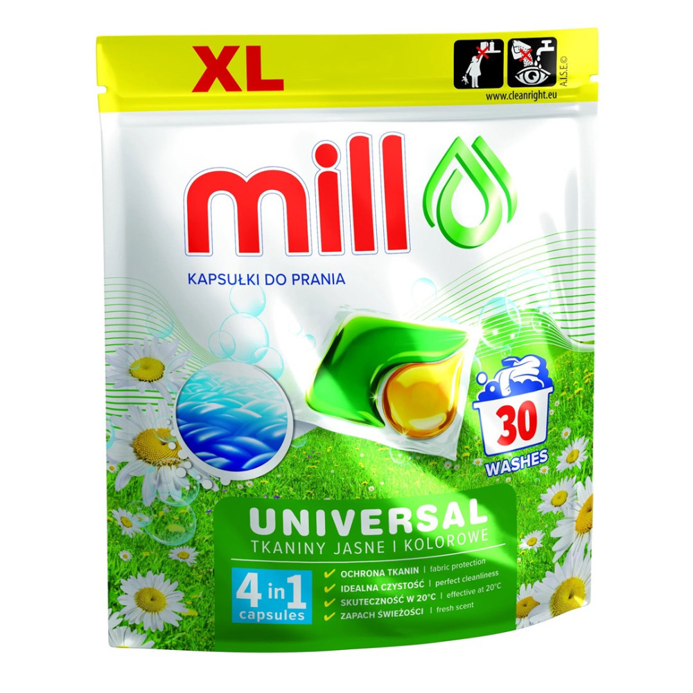 Opakowanie kapsułek do prania Mill Universal z kwiatami i kapsułką.