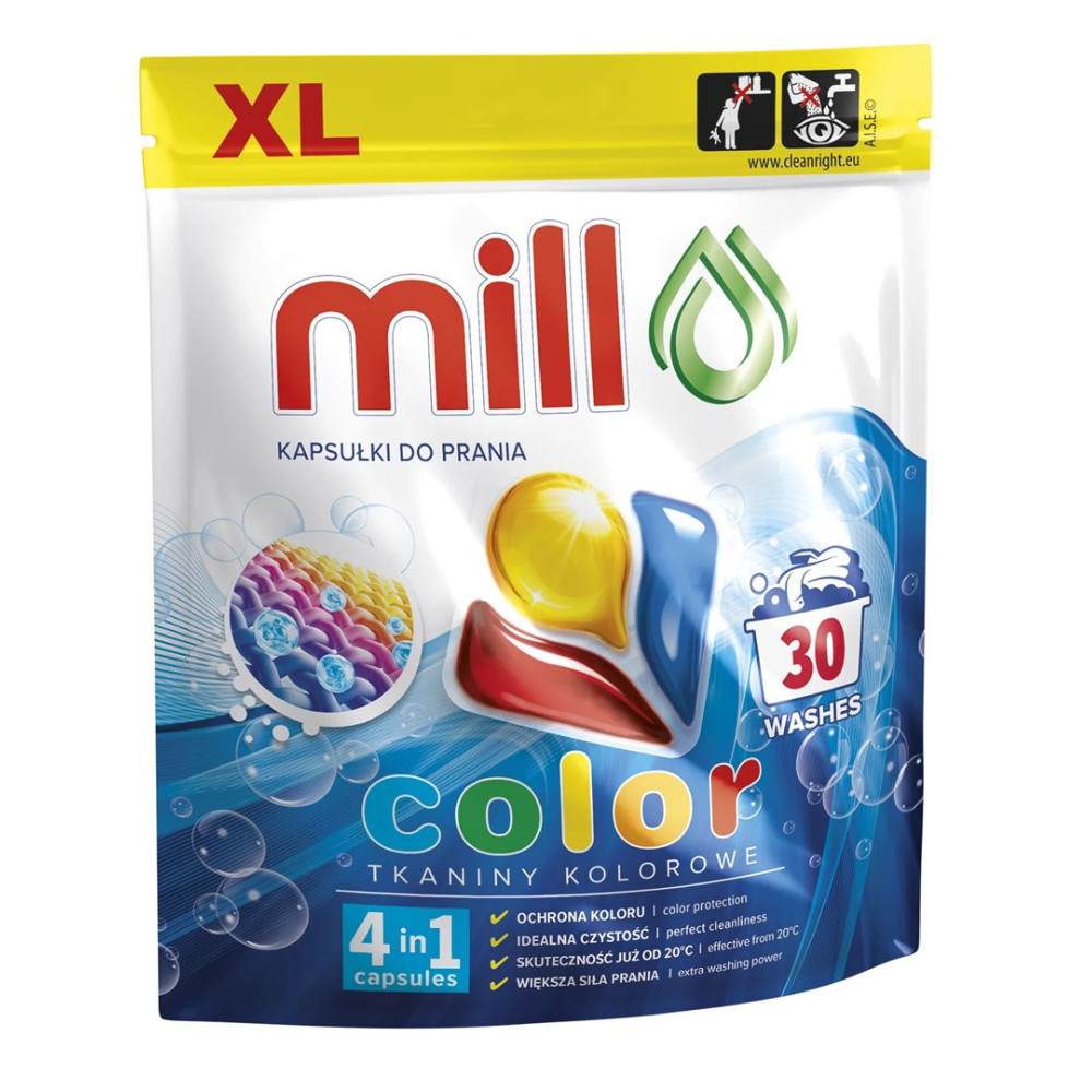 Kapsułki do prania Mill Color w opakowaniu XL na 30 prań, z kolorowymi kapsułkami.