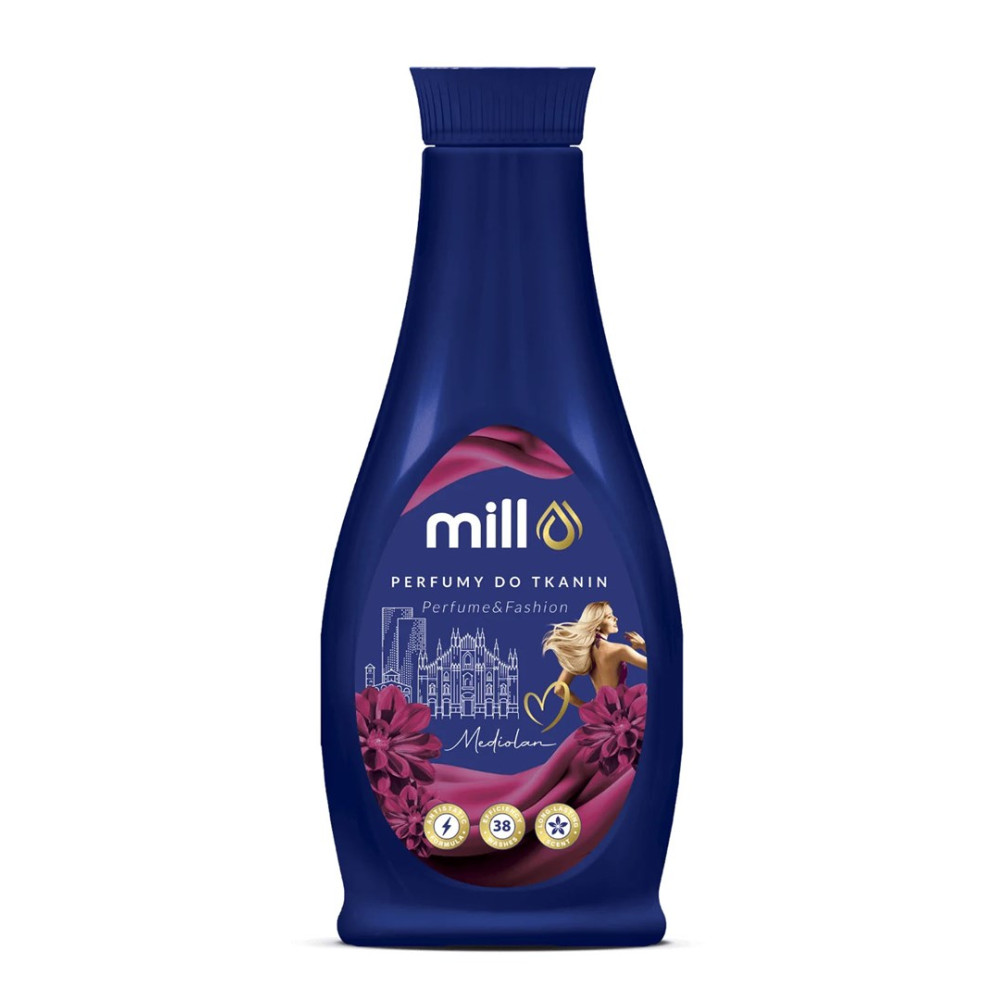 Niebieska butelka z logo mill, niebieskimi i czerwonymi kwiatami oraz blond kobietą na tle miasta.