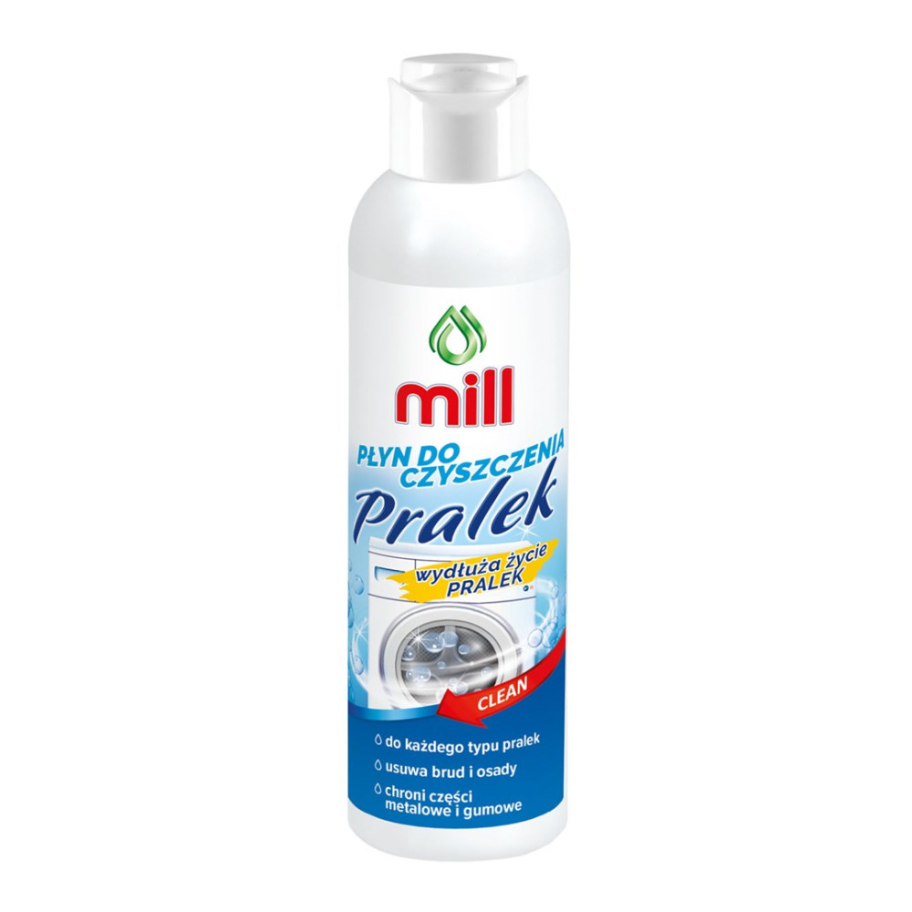 Biala butelka plynu do czyszczenia pralek Mill z niebiesko-czerwona etykieta.