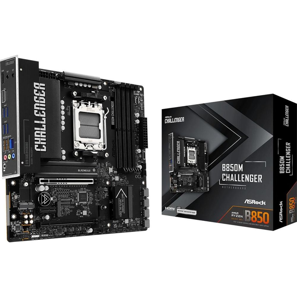 Plyta glowna ASRock B850M Challenger obok czarnego pudelka na bialym tle.