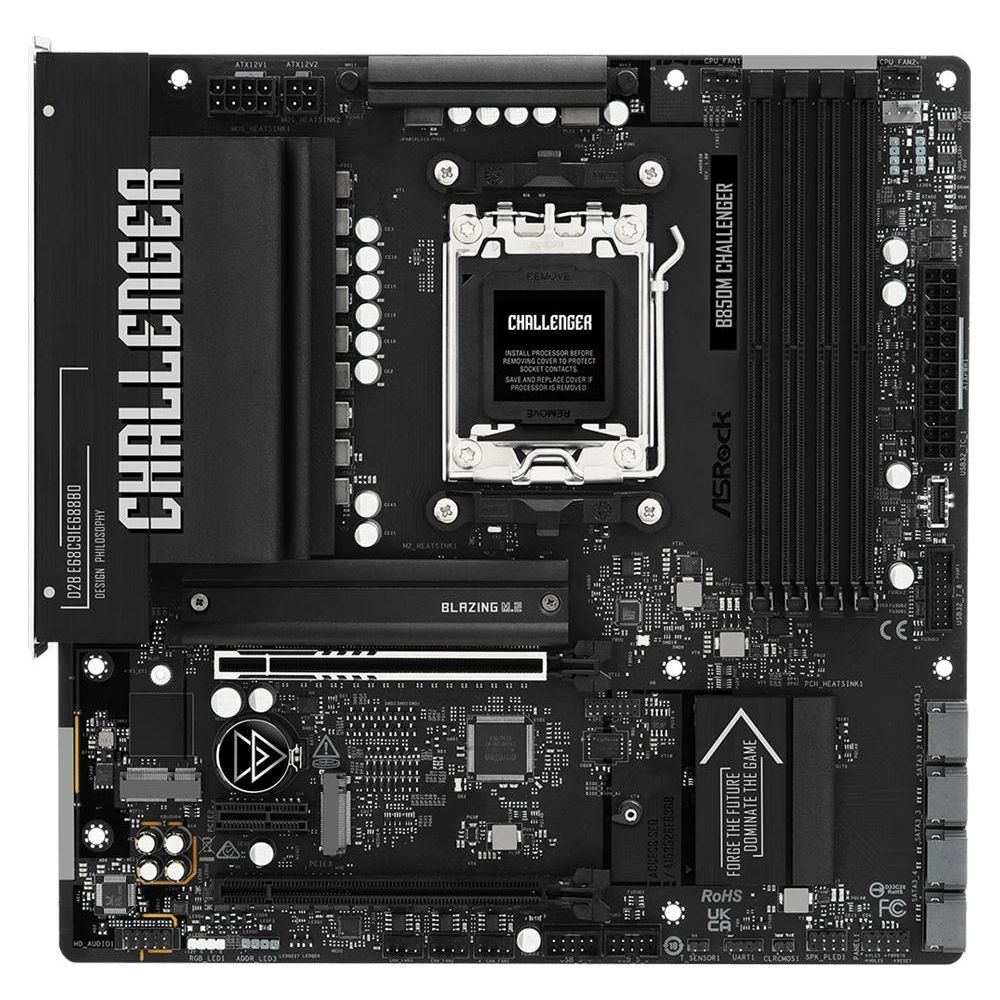 Czarna płyta główna AsRock B850M Challenger z centralnym gniazdem procesora, slotami RAM i portami.