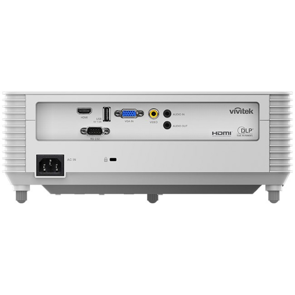 Tylny panel białego projektora Vivitek z portami HDMI, USB, VGA, wideo, audio, RS-232 i AC IN.