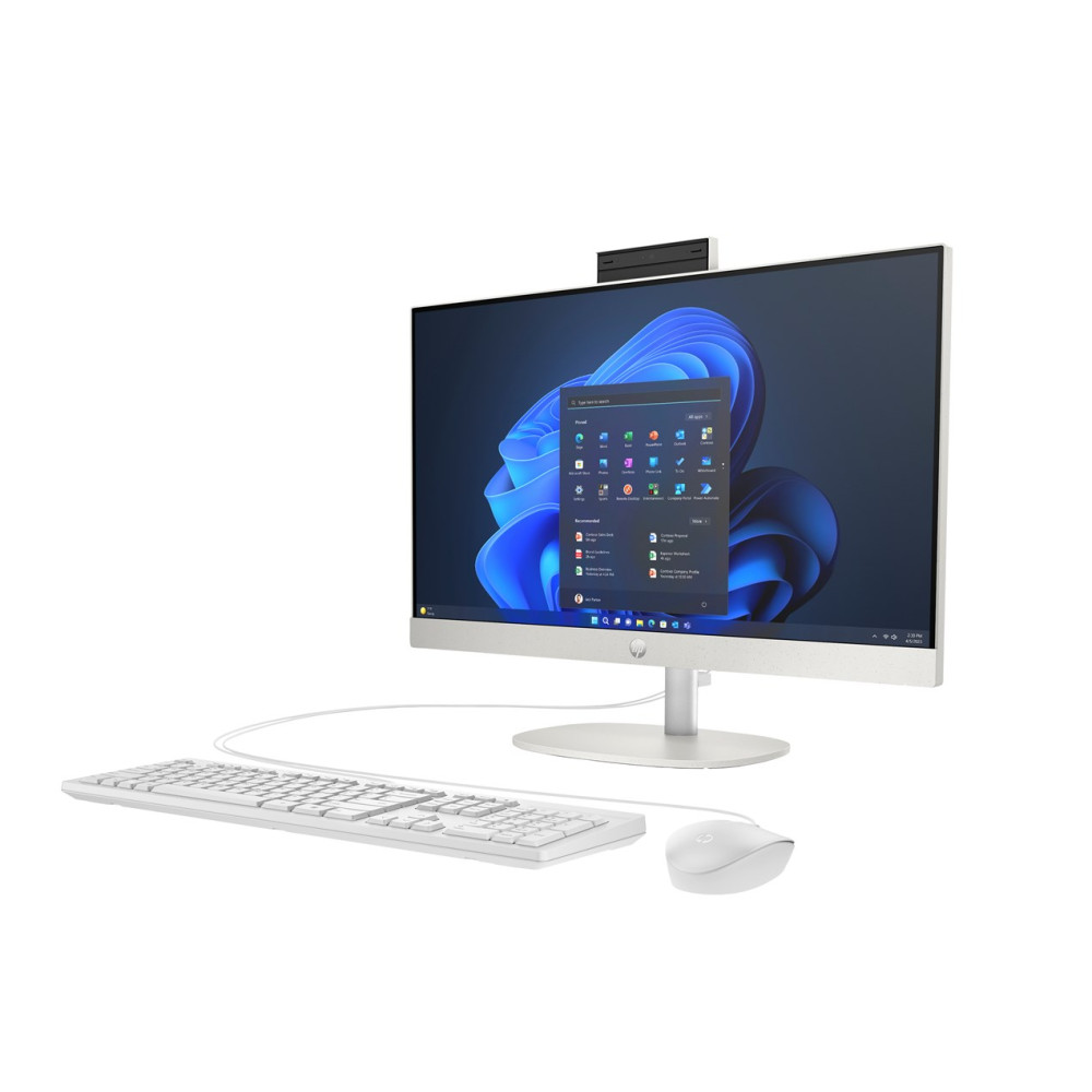 Biały komputer typu all-in-one z klawiaturą, myszą i niebieskim interfejsem systemu Windows na białym tle.