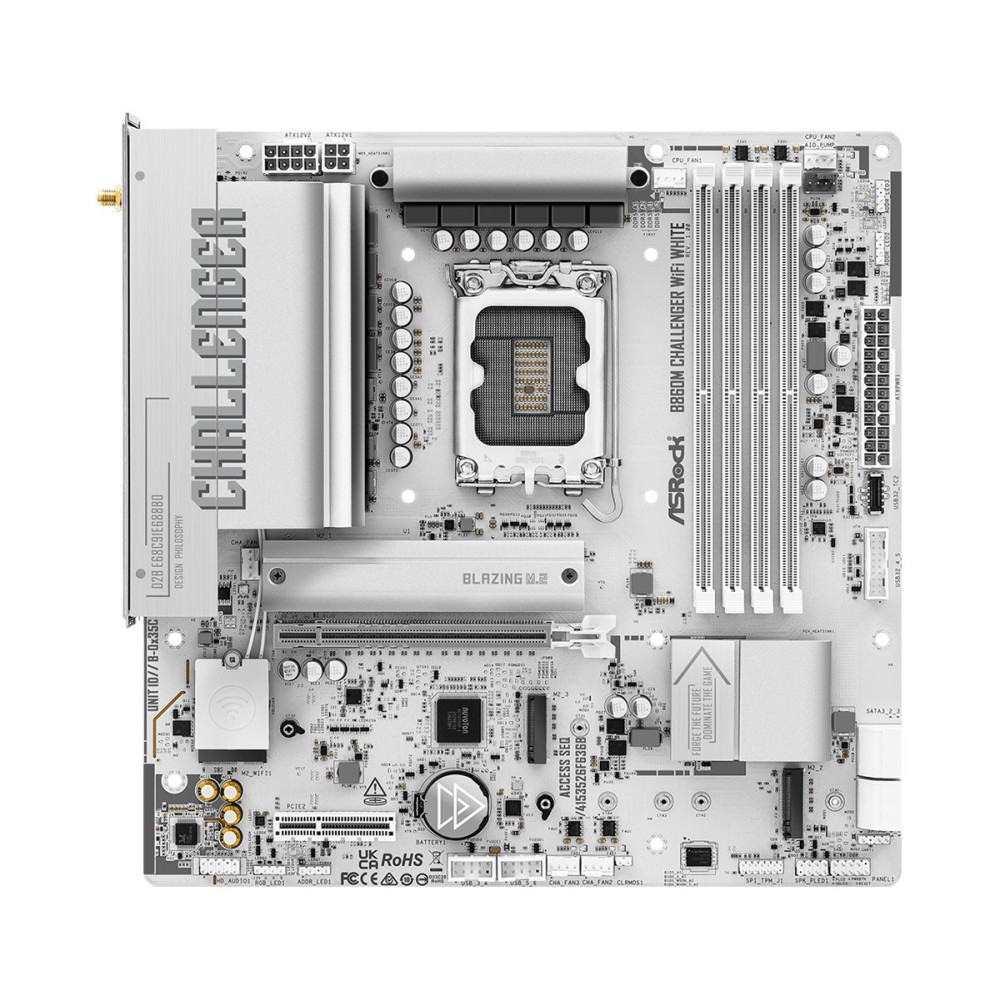 Widok z góry na białą płytę główną ASRock B860M Challenger WiFi ze srebrnymi radiatorami.