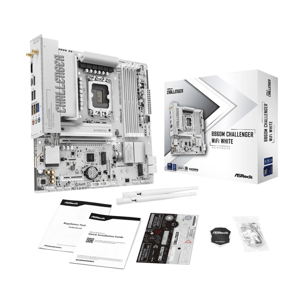 Płyta główna ASRock B860M Challenger WiFi White z pudełkiem, antenami, instrukcją, naklejką i kablem SATA na białym.