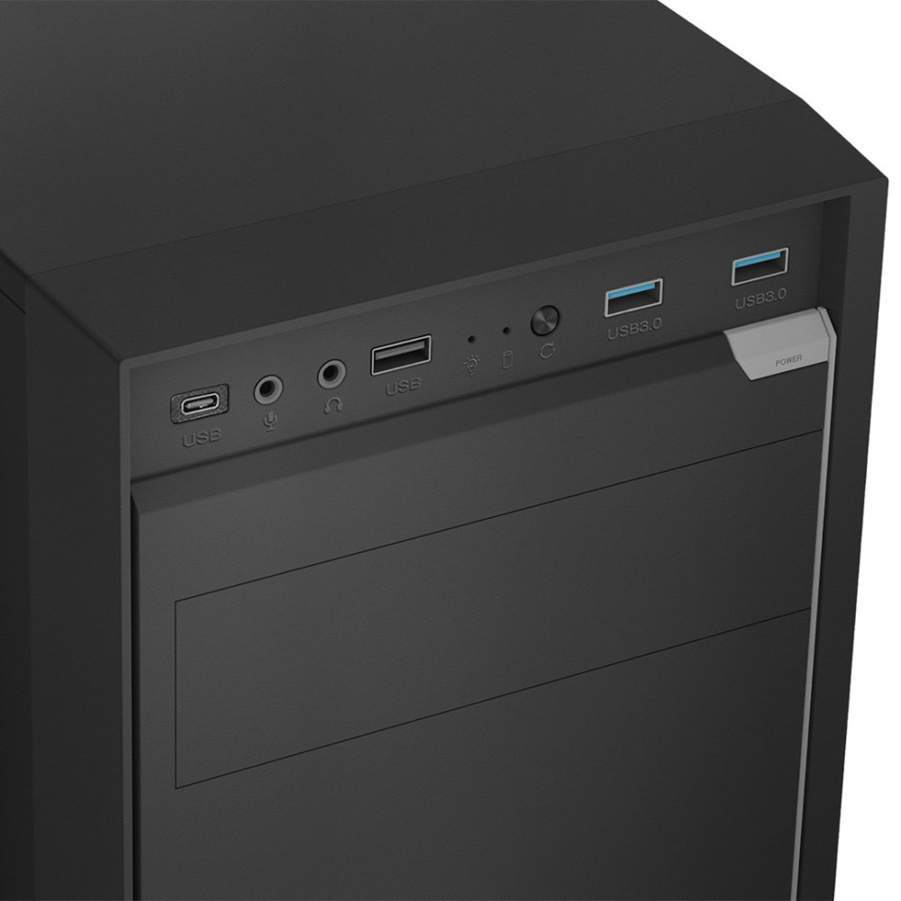 Zbliżenie przedniego panelu I/O czarnej obudowy PC z portami USB, gniazdami audio i przyciskiem zasilania.