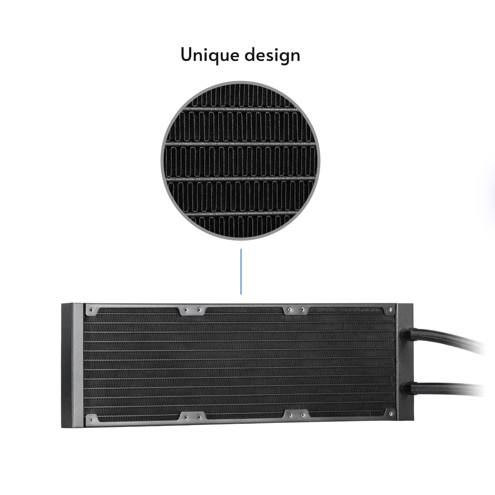 Czarny radiator chłodzenia wodnego do PC z powiększoną okrągłą wstawką pokazującą strukturę żeberek.