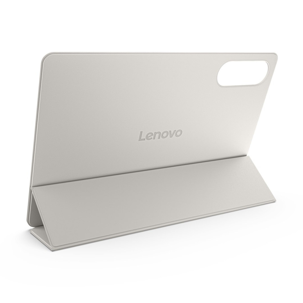 Szare etui na tablet Lenovo ze zintegrowaną podstawką na białej powierzchni.