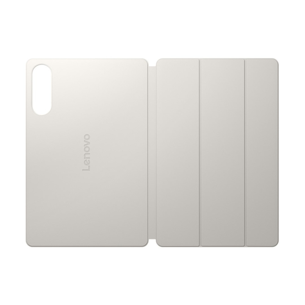 Jasnoszare etui do tabletu Lenovo leży płasko, pokazując wycięcie na aparat i składaną konstrukcję na białym tle.