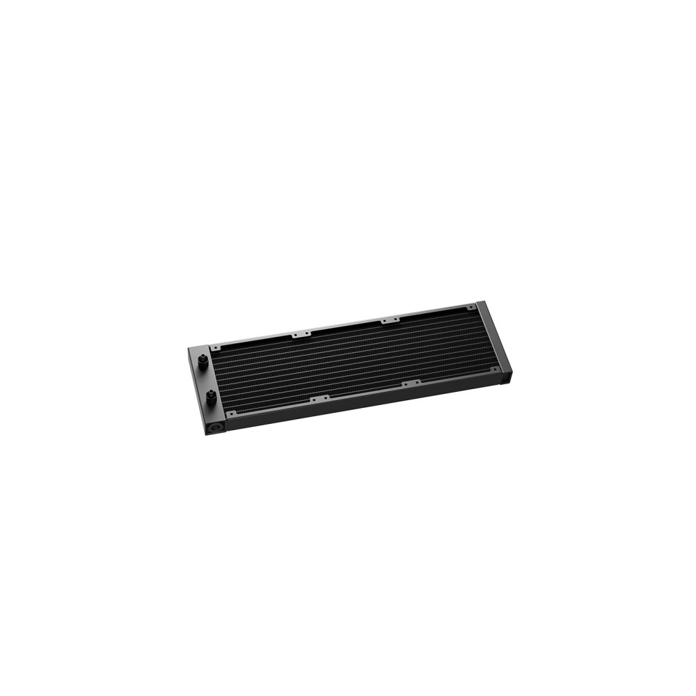 Prostokątny, czarny radiator chłodzenia wodnego PC z dwoma portami na białym tle.