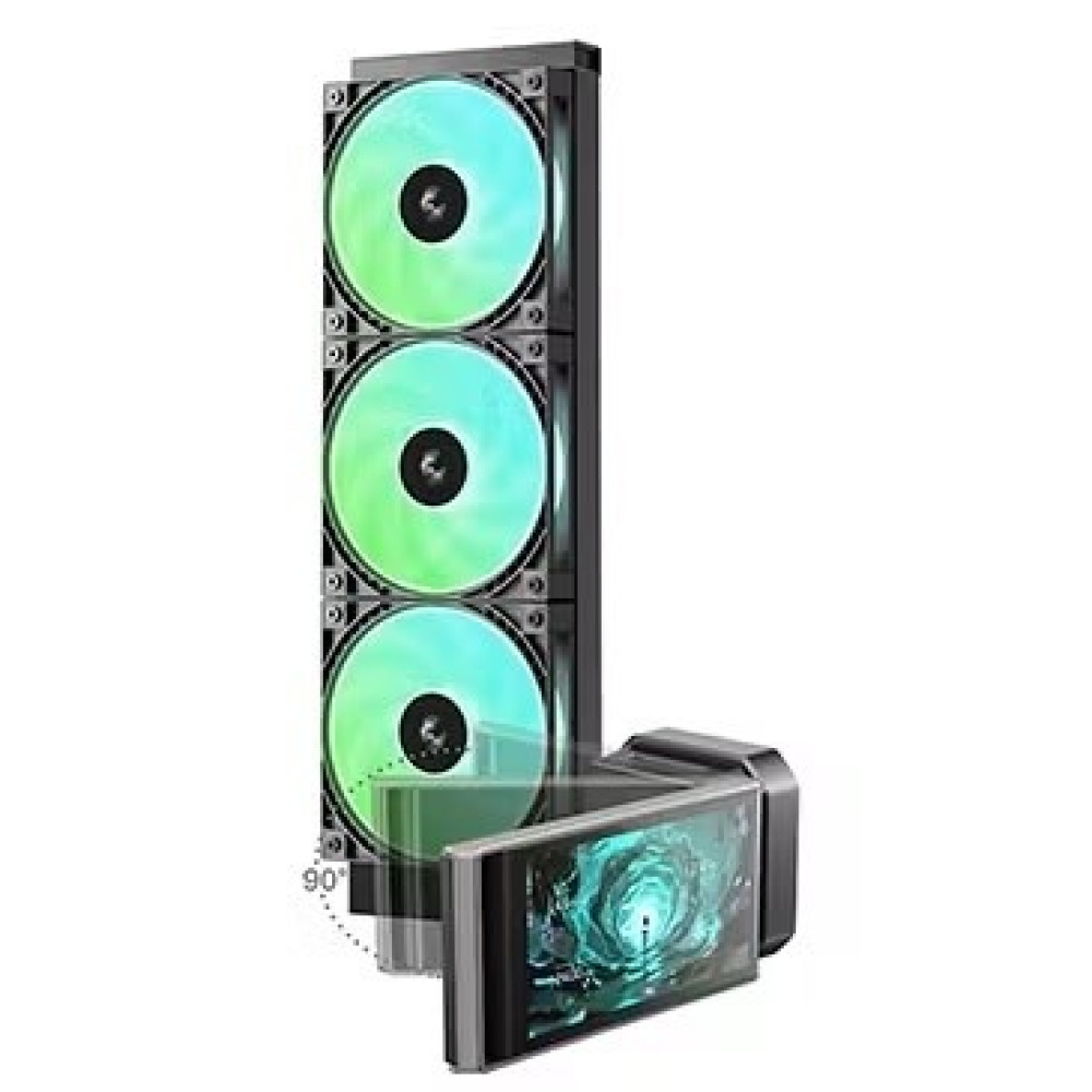 Trzy czarne wentylatory PC z zielonym podświetleniem RGB i regulowanym ekranem.