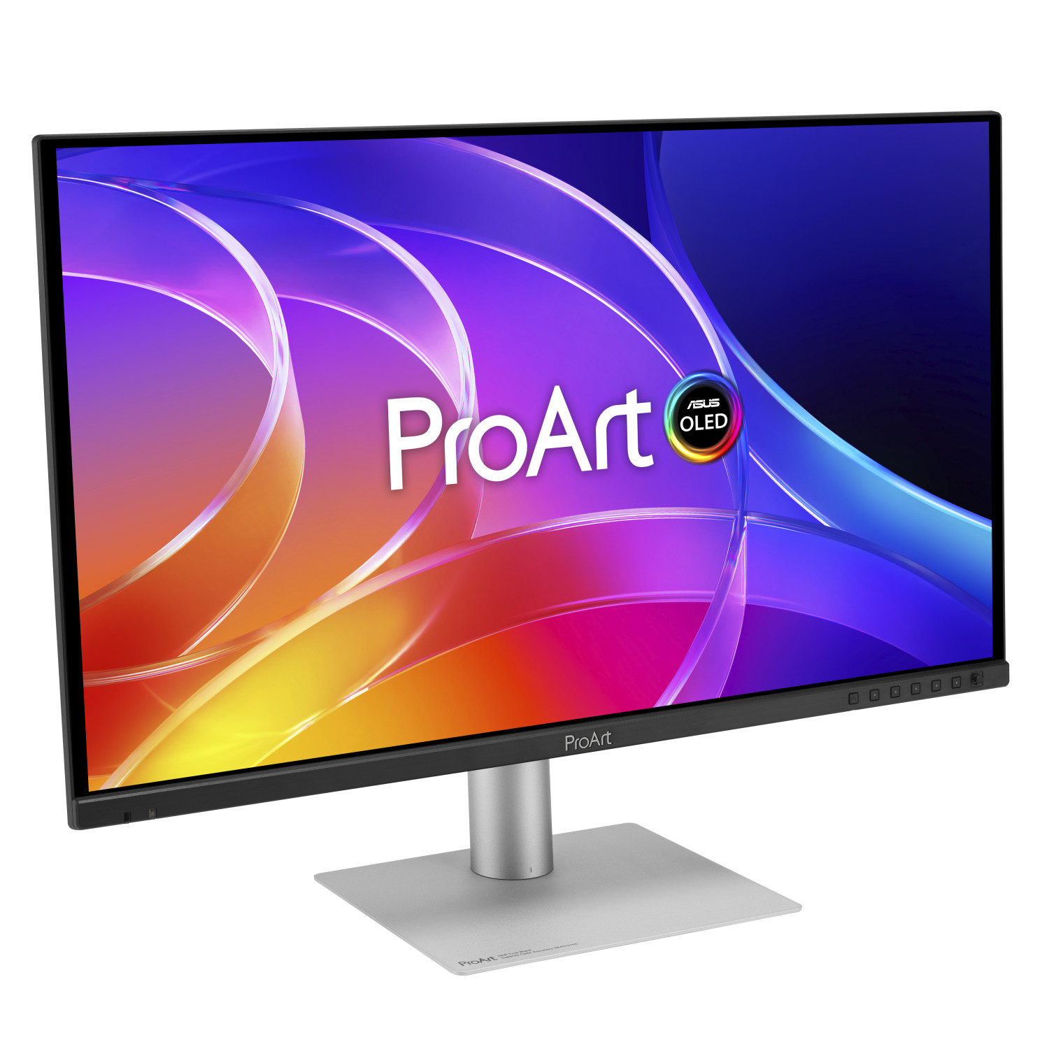 Monitor ASUS ProArt OLED z kolorową grafiką na srebrnej podstawie, widoczny z lewej.