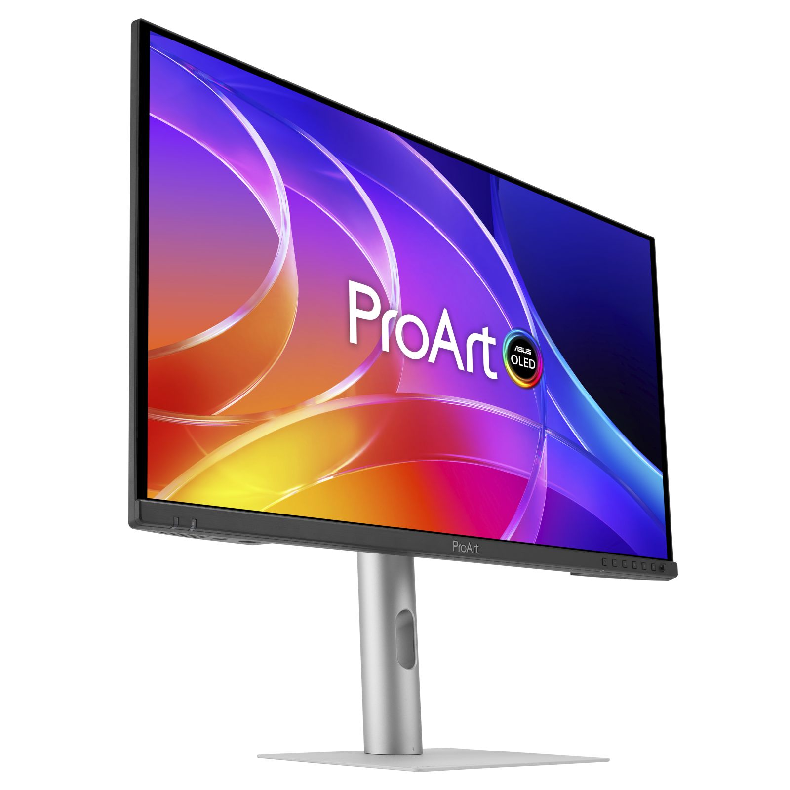 Monitor ASUS ProArt na srebrnej podstawie wyświetla żywą, abstrakcyjną tapetę.