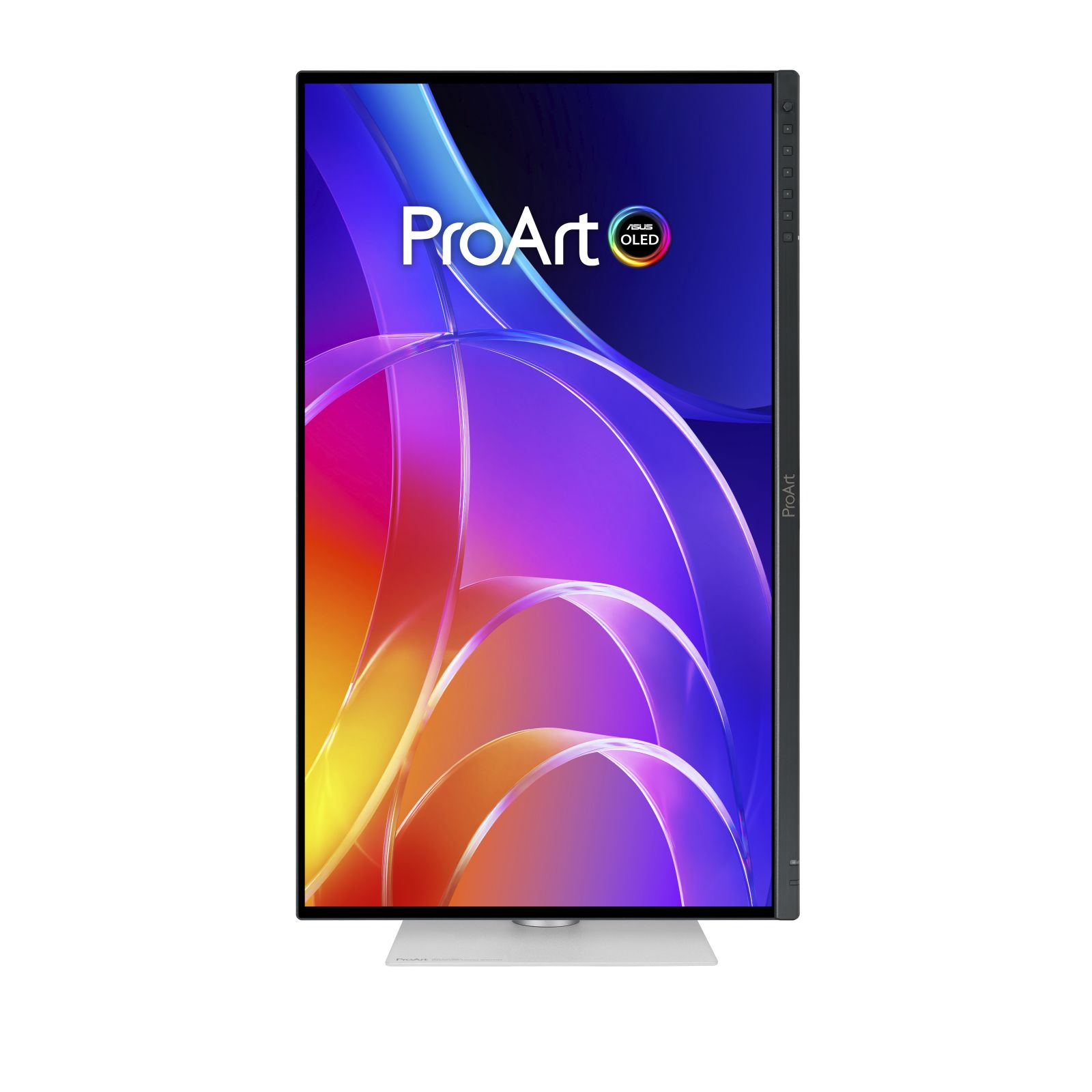 Pionowy monitor Asus ProArt OLED z kolorowym, abstrakcyjnym tłem na białej podstawie.