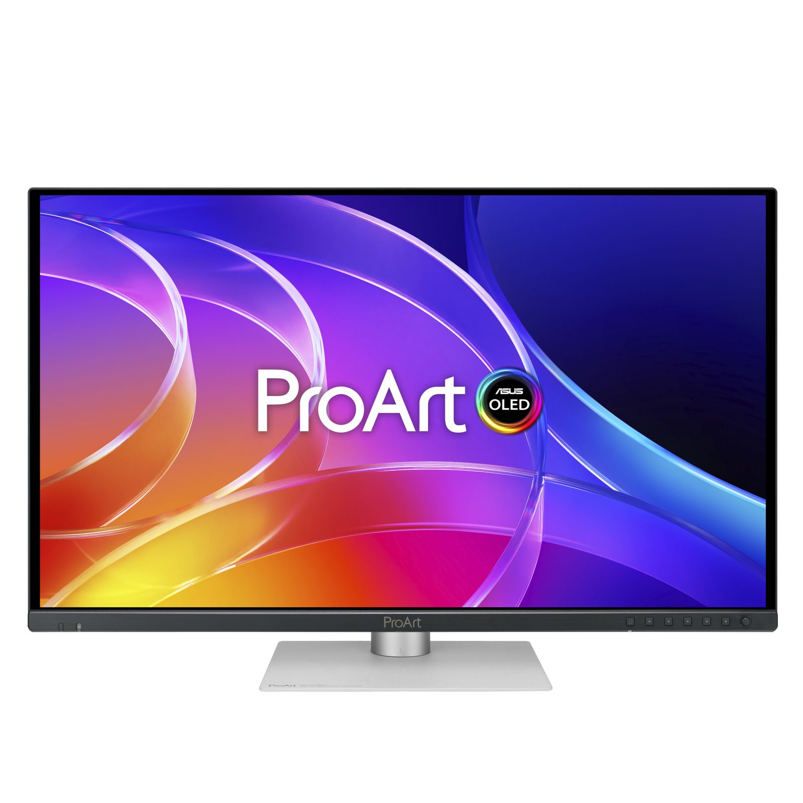 Monitor ASUS ProArt OLED wyświetla kolorowe, abstrakcyjne tło z zakrzywionymi, przezroczystymi kształtami.