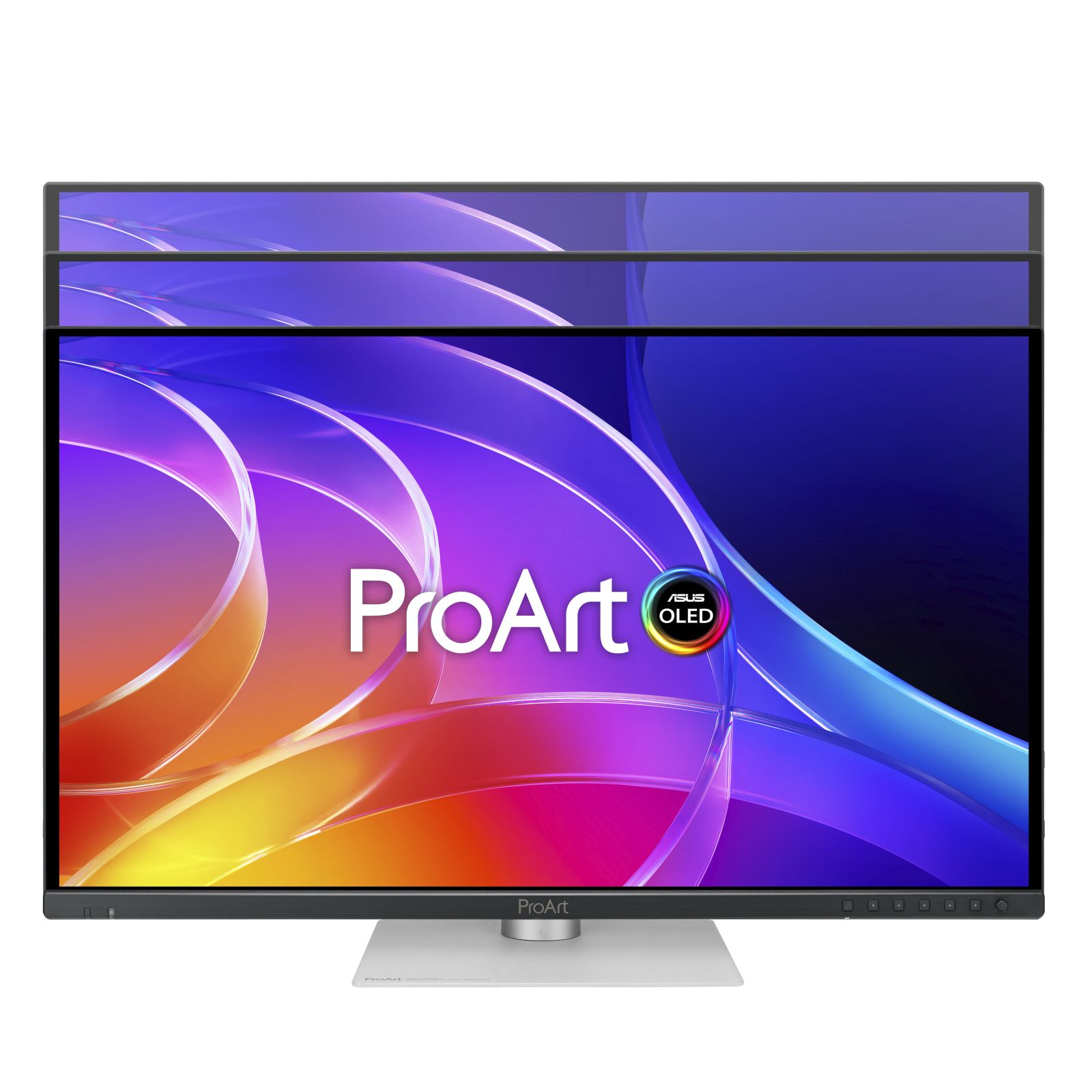 Monitor ASUS ProArt OLED wyświetlający kolorowe abstrakcyjne linie na białym tle.