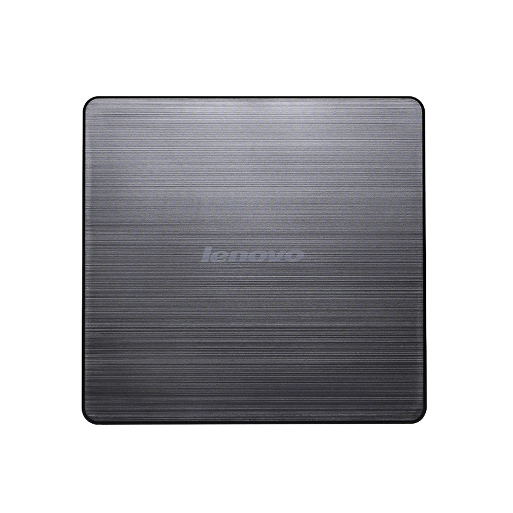 Szare, kwadratowe urządzenie Lenovo z teksturą szczotkowanego metalu na białym tle.