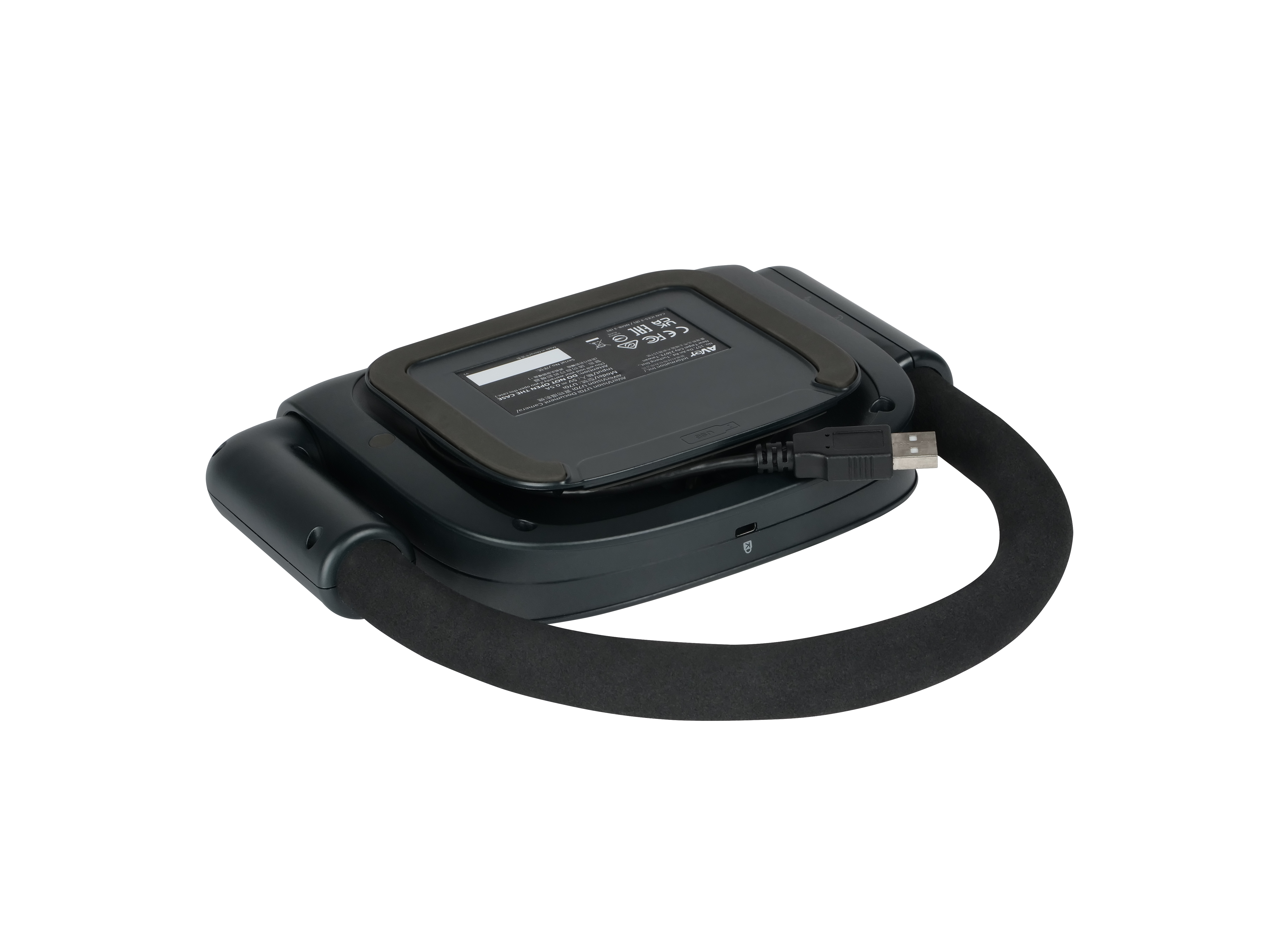 Czarne urządzenie do wizualizacji dokumentów z zintegrowanym wygiętym ramieniem i kablem USB.