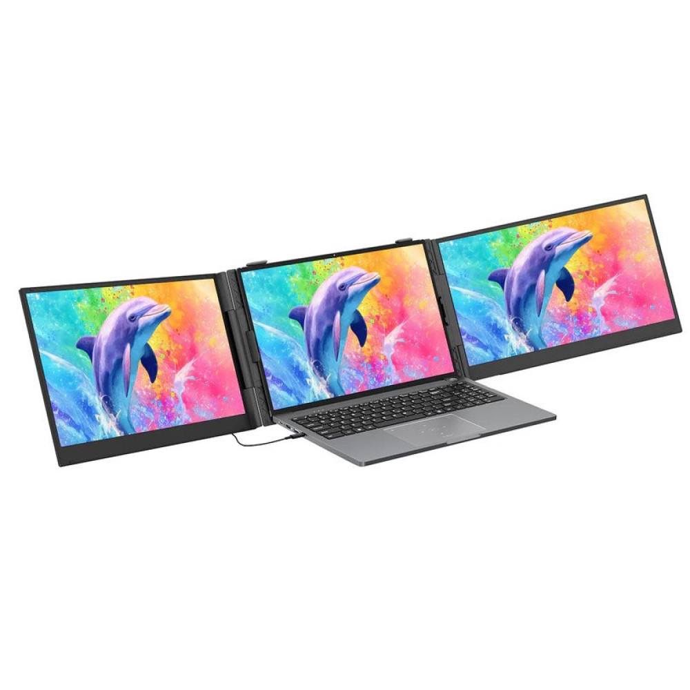 Szary laptop z trzema dołączonymi monitorami wyświetlającymi kolorowy obraz delfinów.
