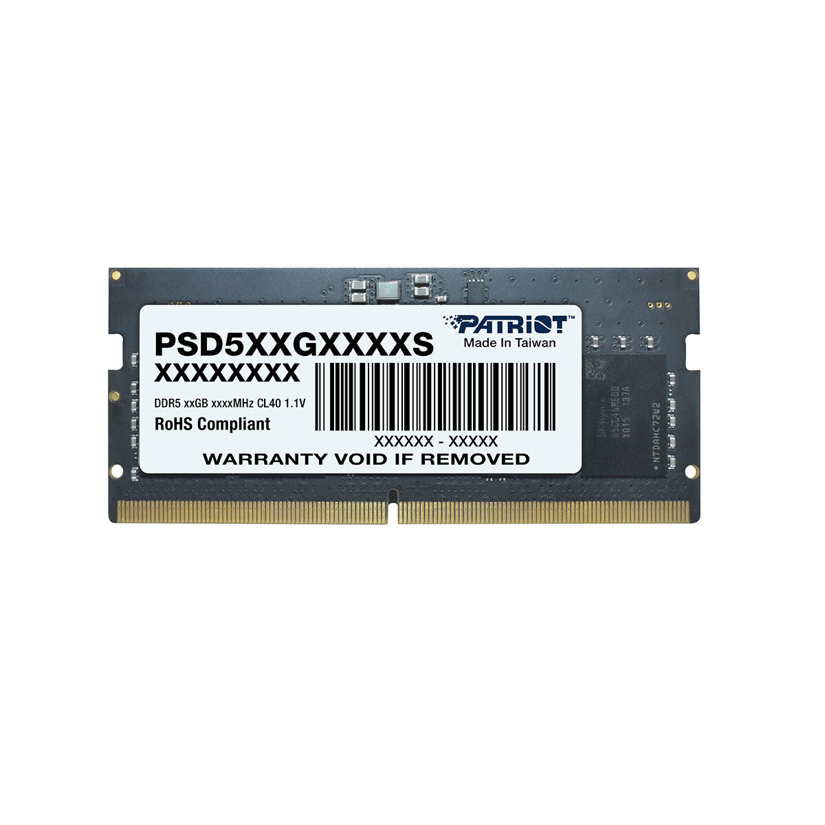 Czarny moduł RAM Patriot DDR5 z białą etykietą i złotymi stykami.