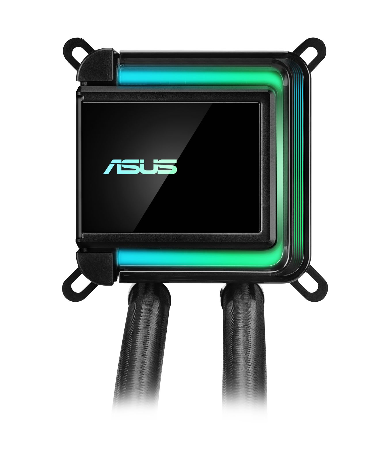 Blok wodny chłodzenia CPU Asus z oświetleniem RGB i dwoma czarnymi wężami.