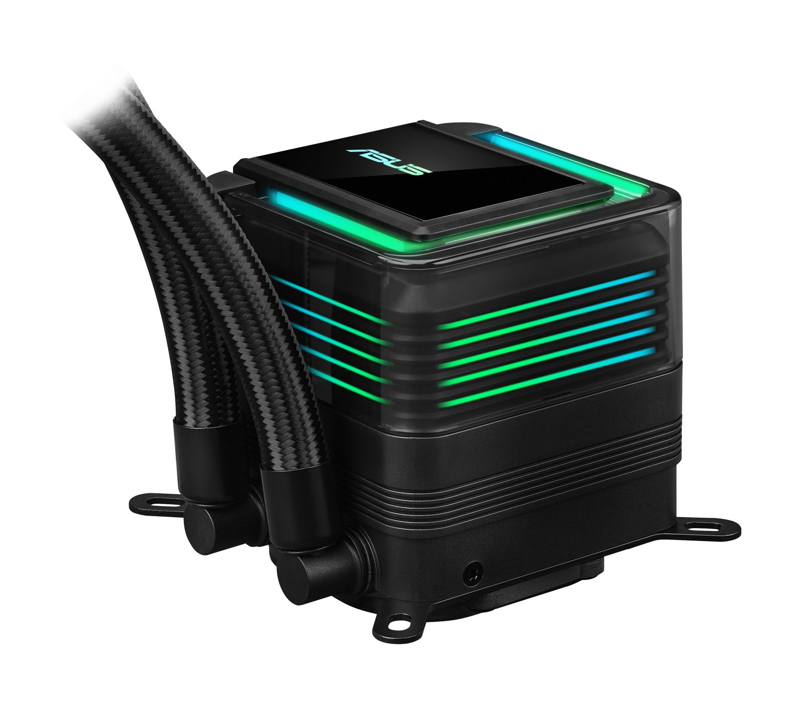 Wodne chłodzenie CPU Asus z oświetleniem RGB, wyświetlaczem i dwoma czarnymi wężami.