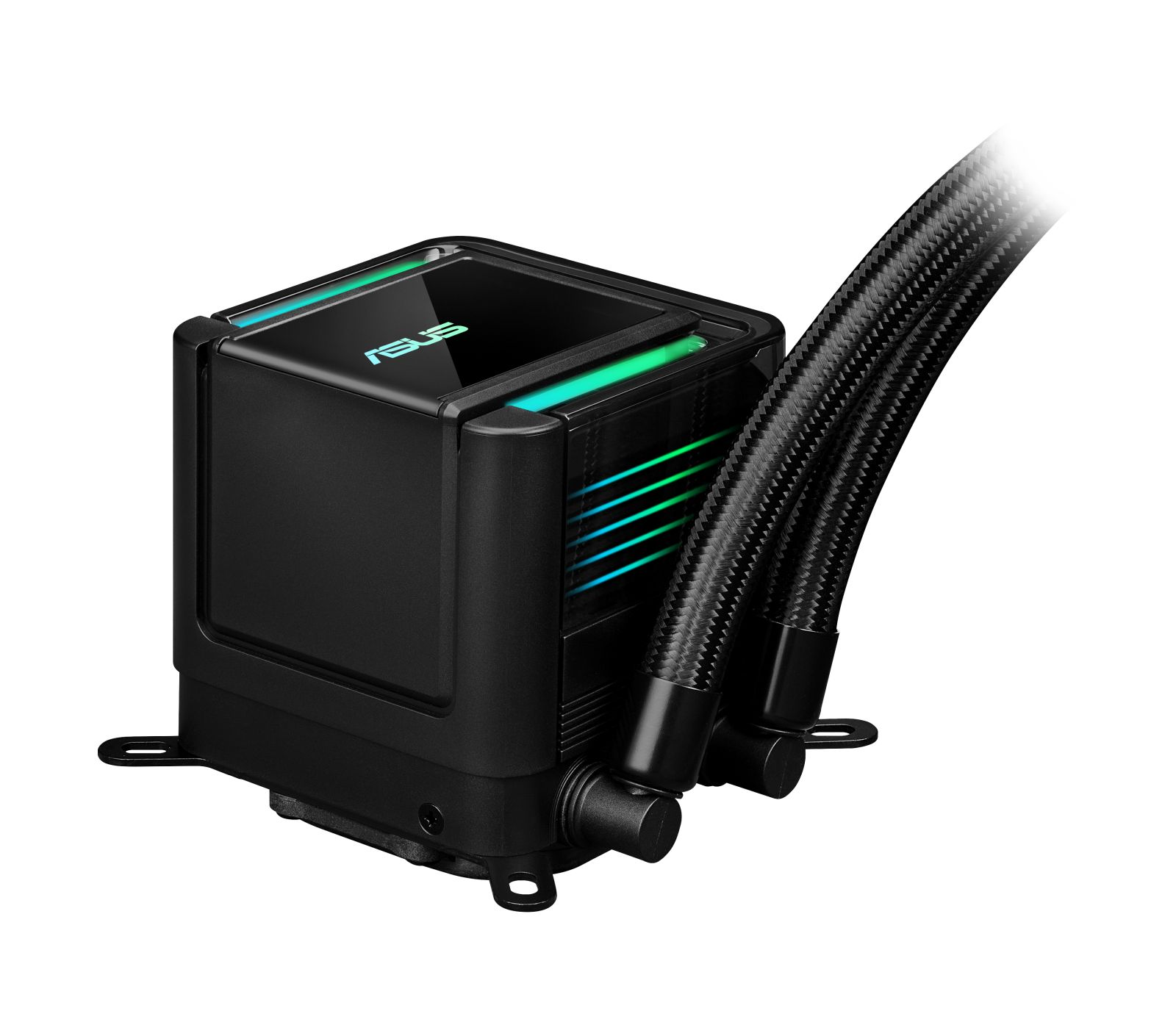 Czarny chłodnik cieczowy ASUS CPU z zielono-niebieskim oświetleniem RGB i dwoma plecionymi przewodami na białym tle.