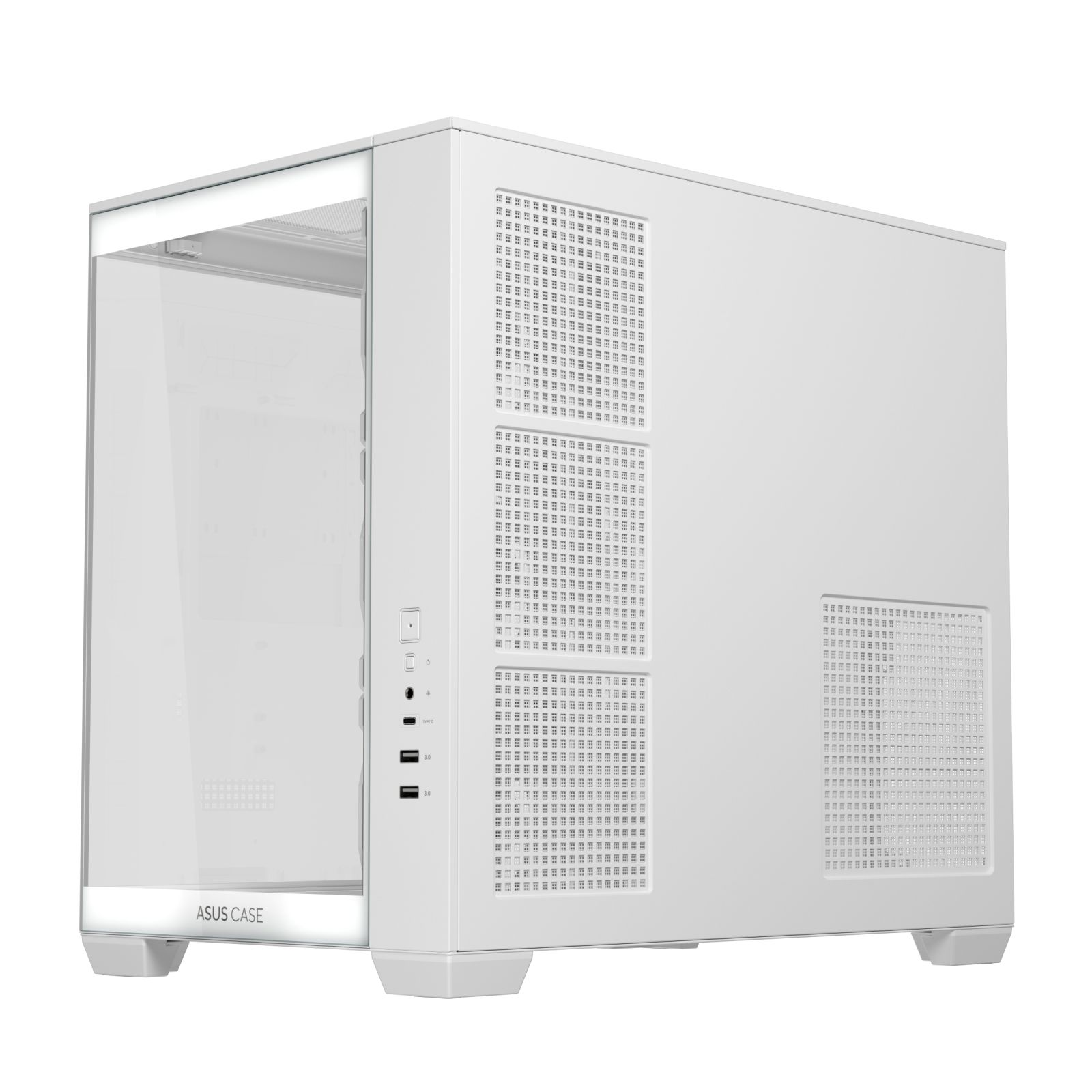 Elegancka biała obudowa komputera ASUS ze szklanymi panelami bocznymi i kratkami wentylacyjnymi.