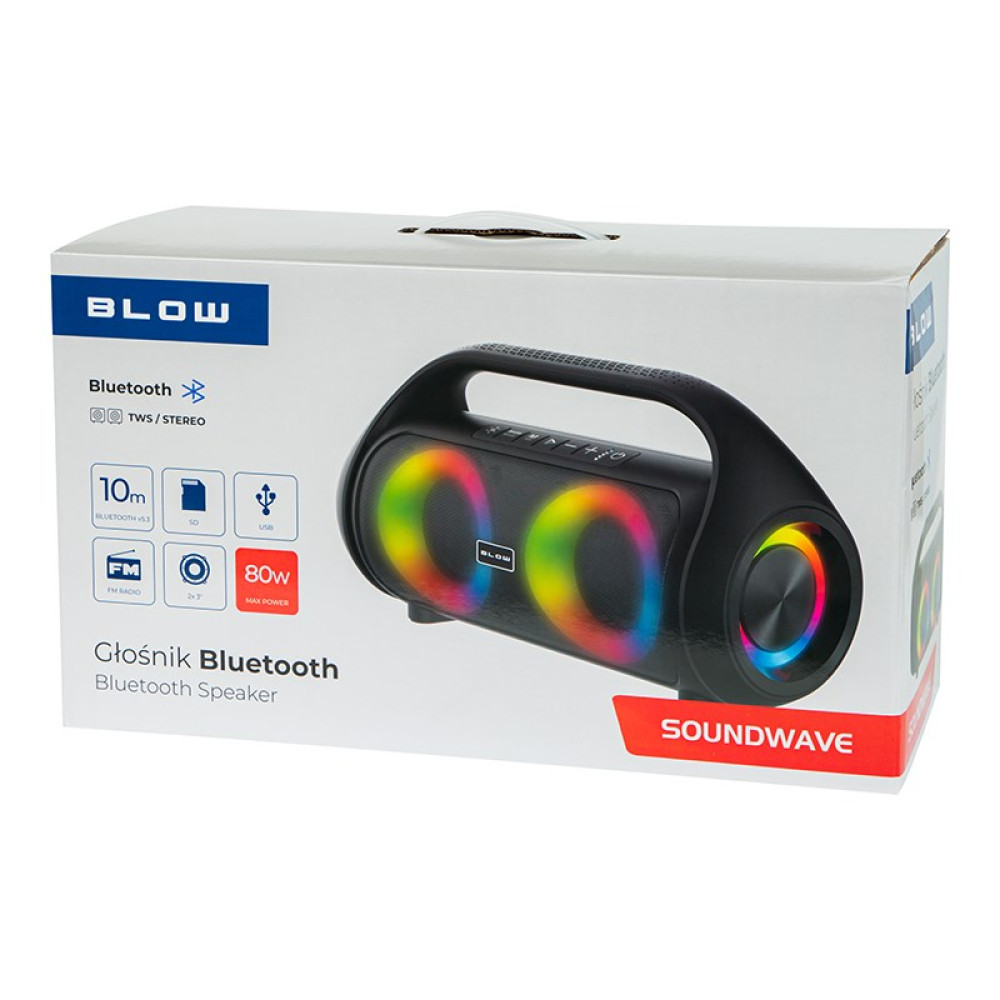 Opakowanie głośnika Bluetooth Blow Soundwave z kolorowym podświetleniem i opisem na białym tle.