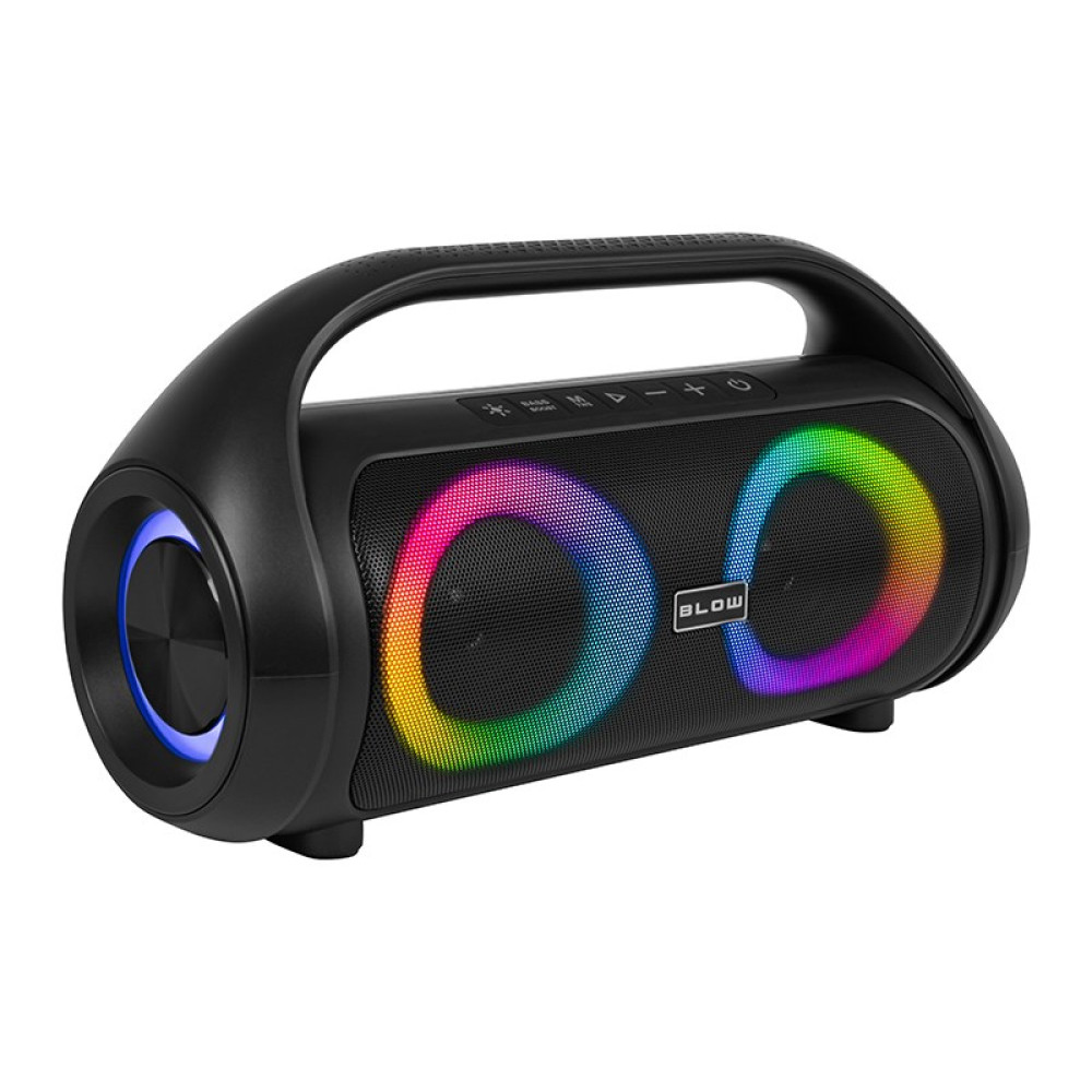 Czarny przenośny głośnik Bluetooth z uchwytem, kolorowymi pierścieniami LED i przyciskami.