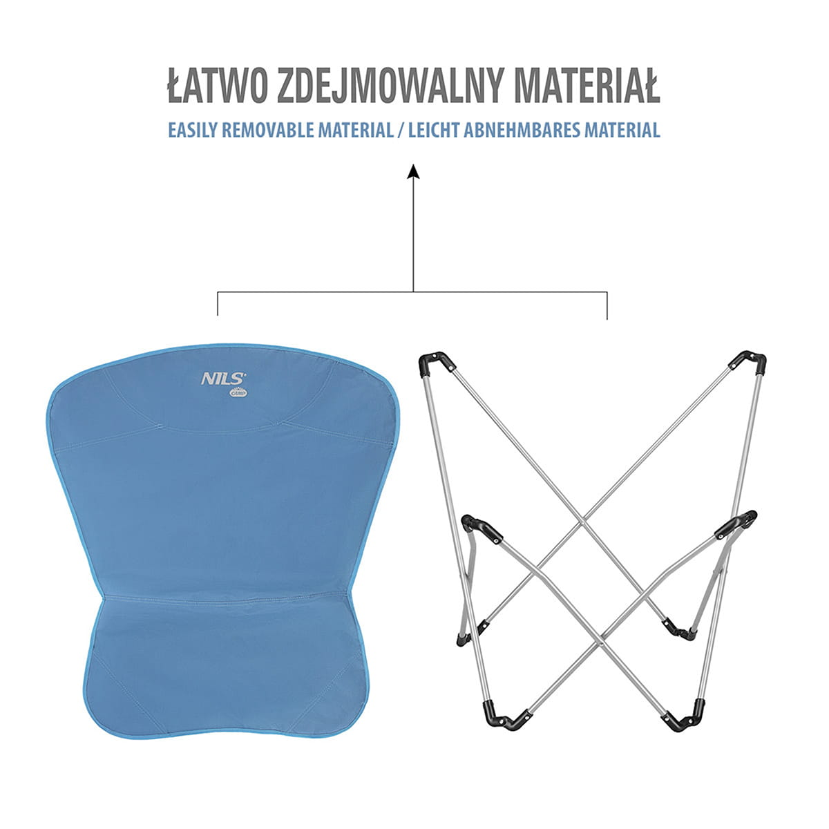 Rozłożone krzesło turystyczne przedstawiające niebieski pokrowiec i metalowy stelaż osobno z napisami.