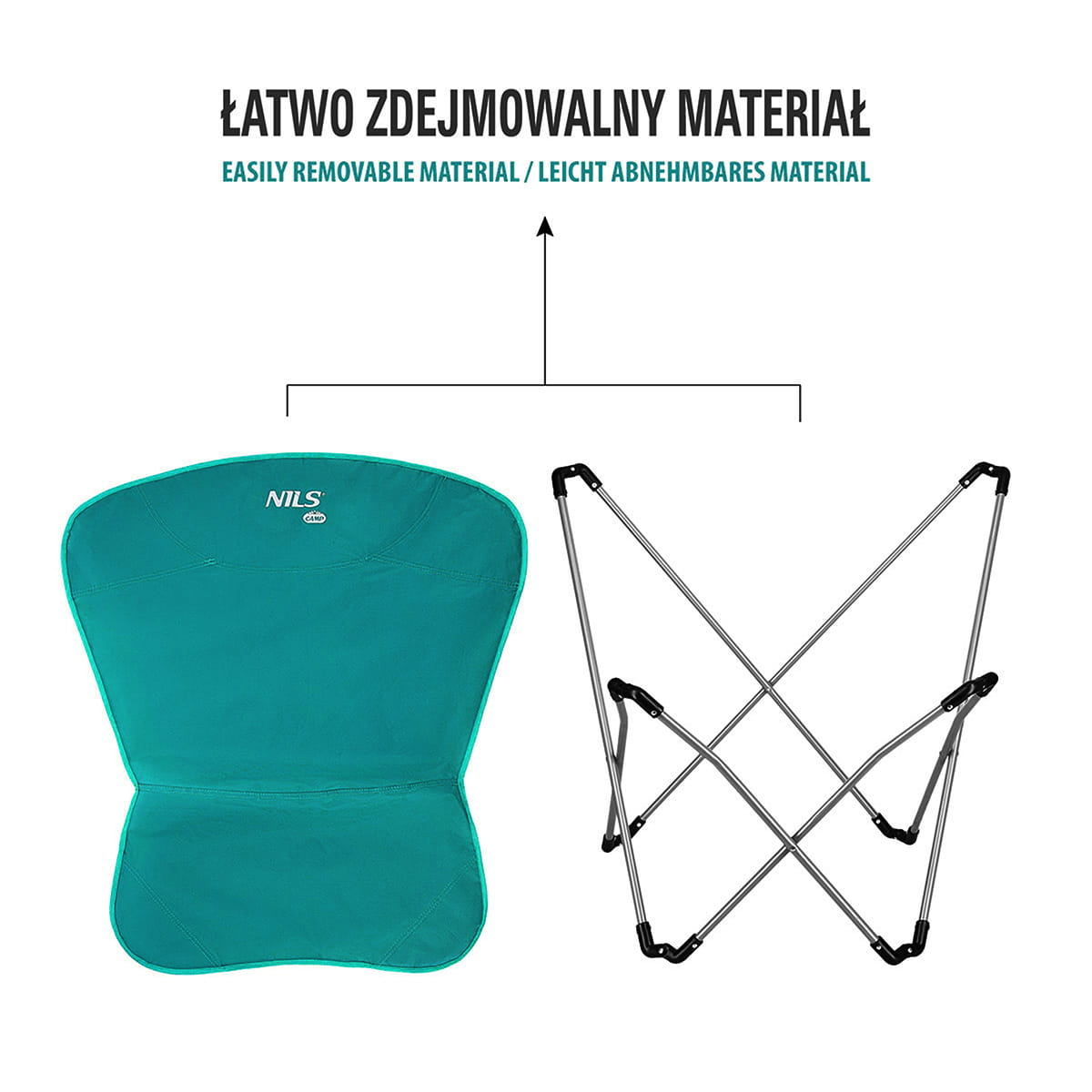 Diagram przedstawia łatwo zdejmowalny niebieski pokrowiec materiałowy i metalowy stelaż.