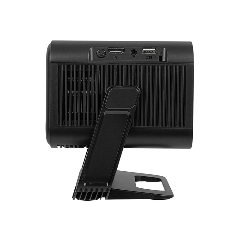 Tył czarnego projektora z podstawką, portami HDMI, USB i audio oraz kratkami wentylacyjnymi.