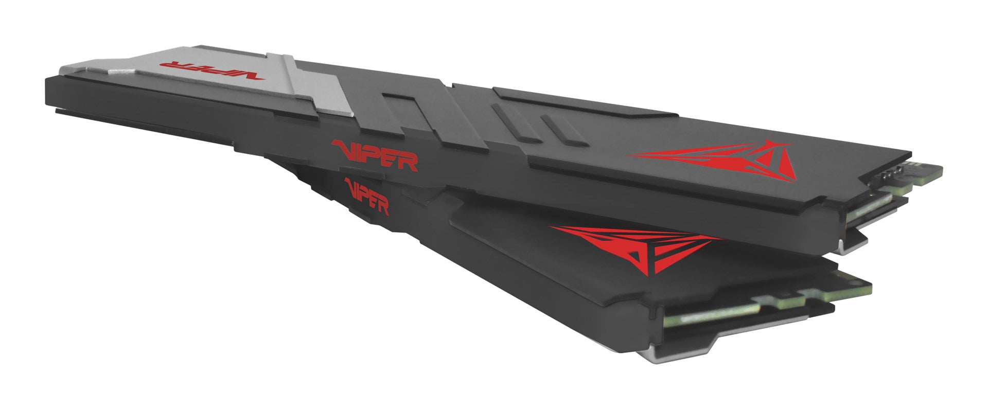 Dwa czarne moduły RAM z czerwonymi logo Viper na białym tle.