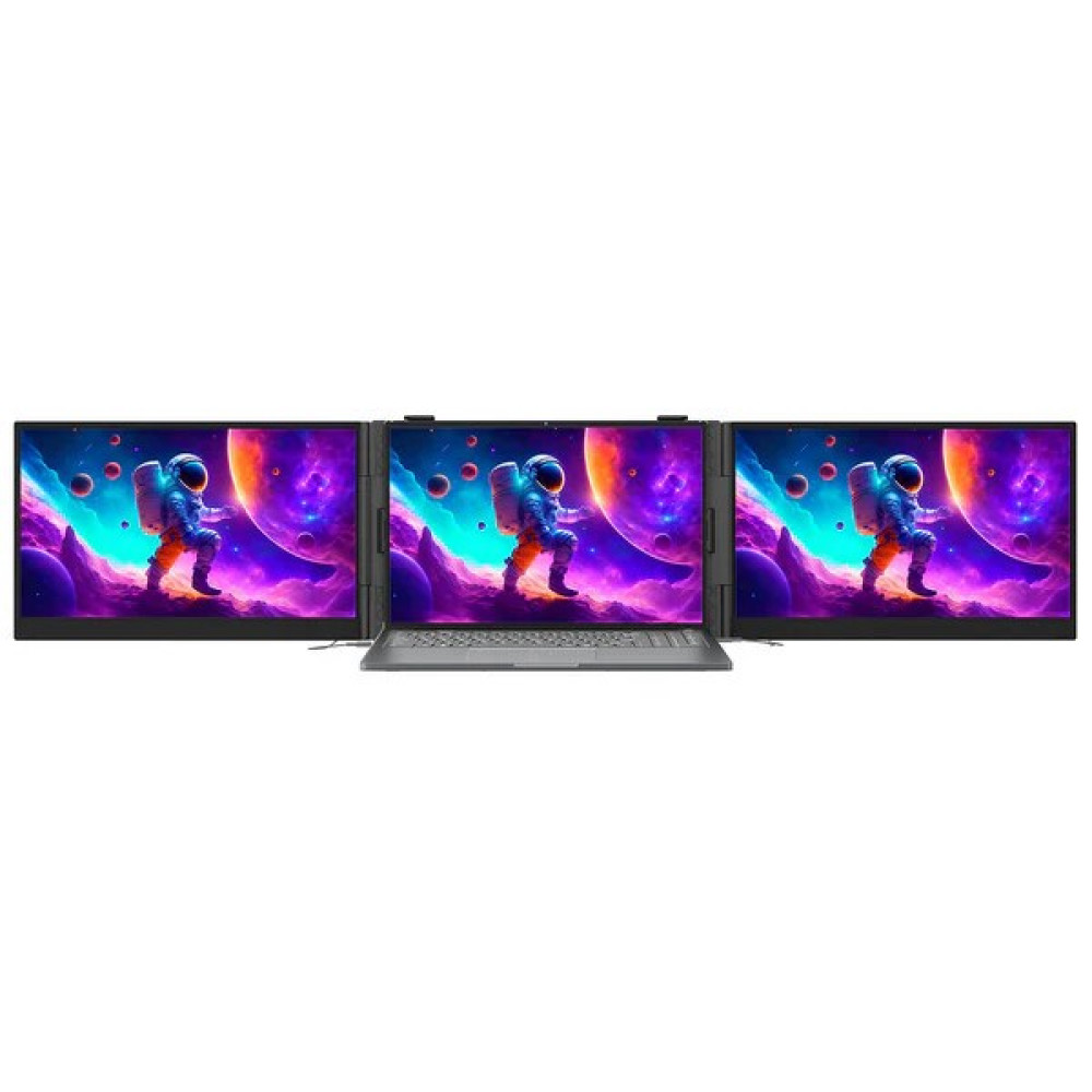 Laptop z trzema monitorami przedstawiający kolorową scenę kosmiczną z astronautą na białym tle.