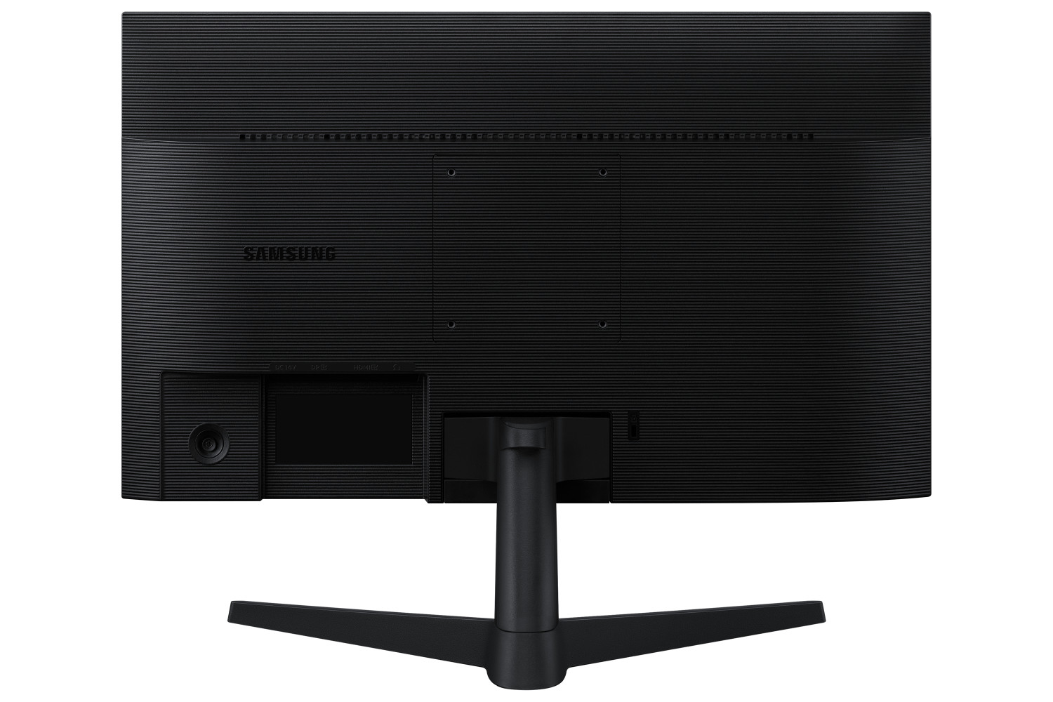Widok z tyłu czarnego monitora Samsung, pokazujący teksturowaną obudowę, mocowanie VESA, porty i podstawkę.