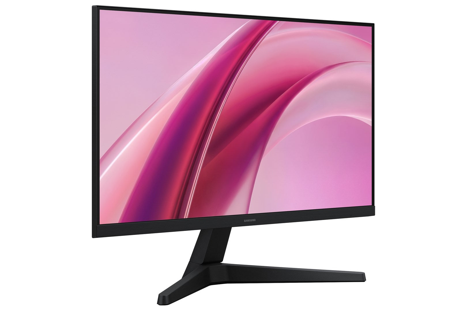 Czarny monitor Samsung wyświetla różową abstrakcyjną tapetę z falami na białym tle.