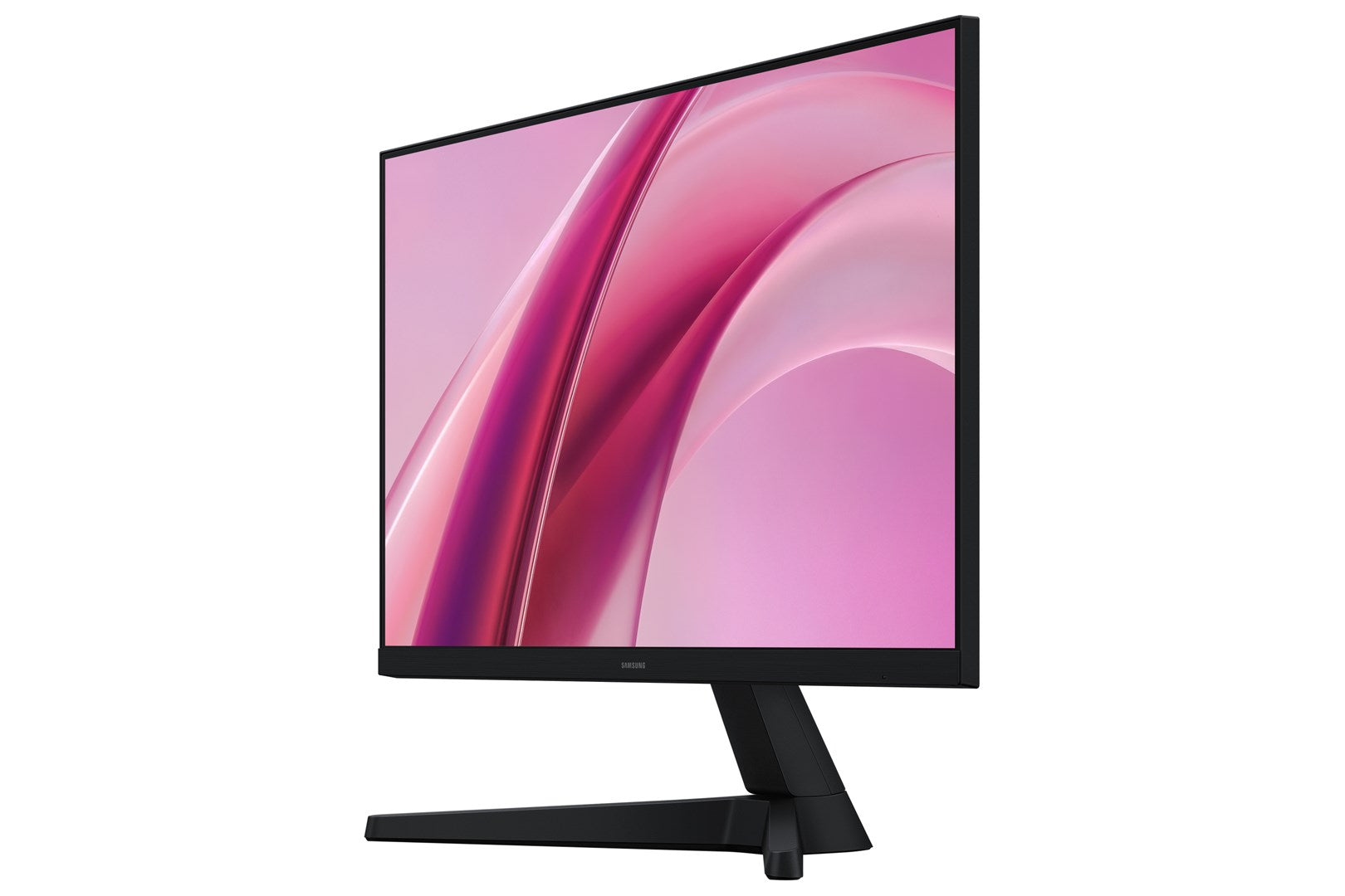 Czarny monitor Samsung z jasnoróżową i purpurową abstrakcyjną tapetą na białym tle.