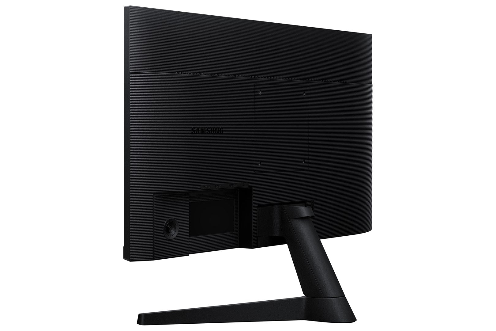 Widok z tyłu czarnego monitora komputerowego Samsung z teksturowaną obudową, portami i pochyloną podstawką.