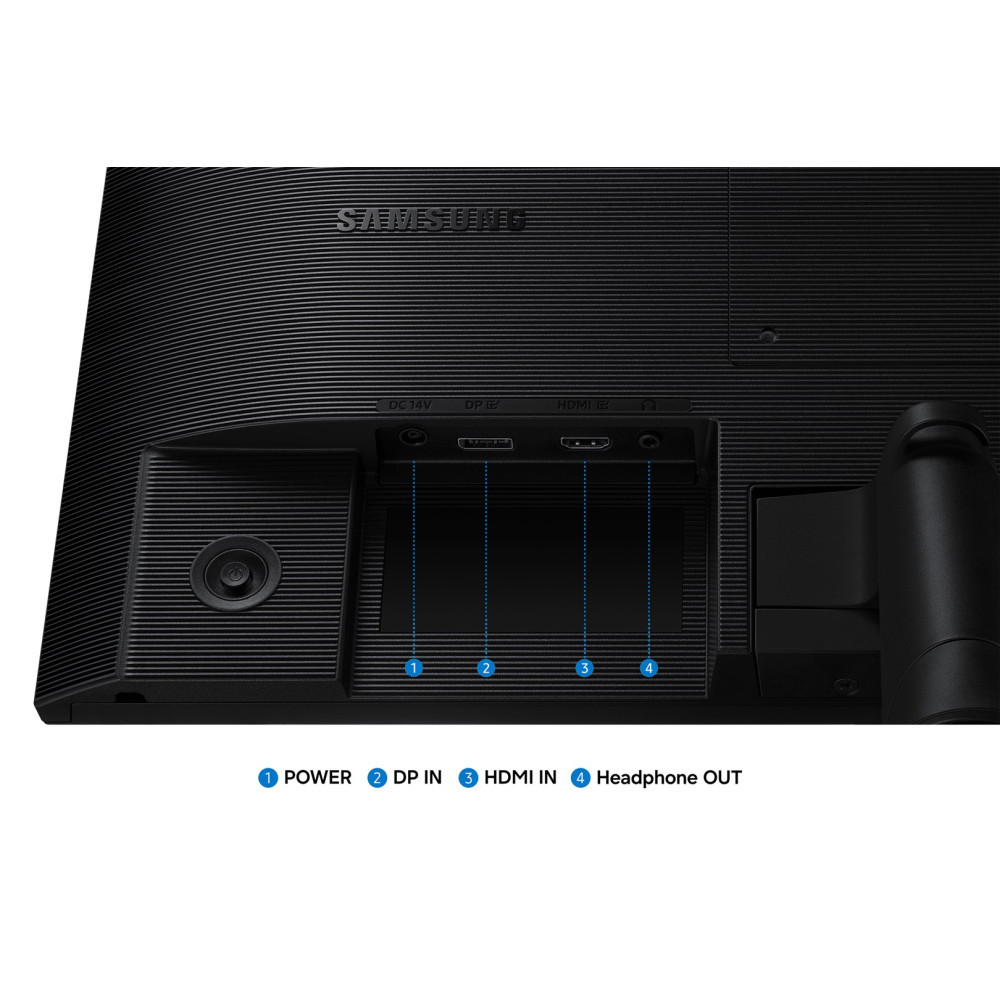 Tylny panel monitora Samsung z portami zasilania, DP, HDMI, słuchawkowym oraz przyciskiem zasilania.