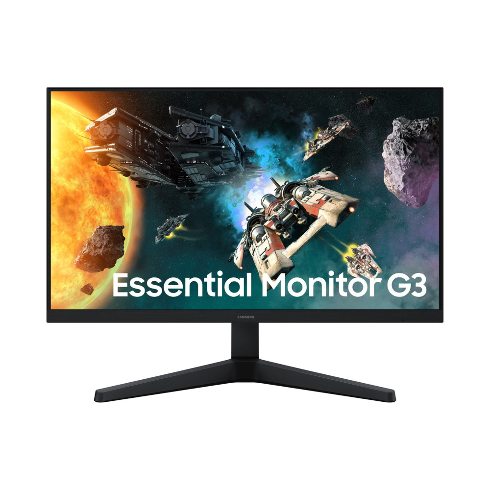 Monitor Samsung Essential G3 wyświetlający scenę bitwy w kosmosie ze statkami i gwiazdą.