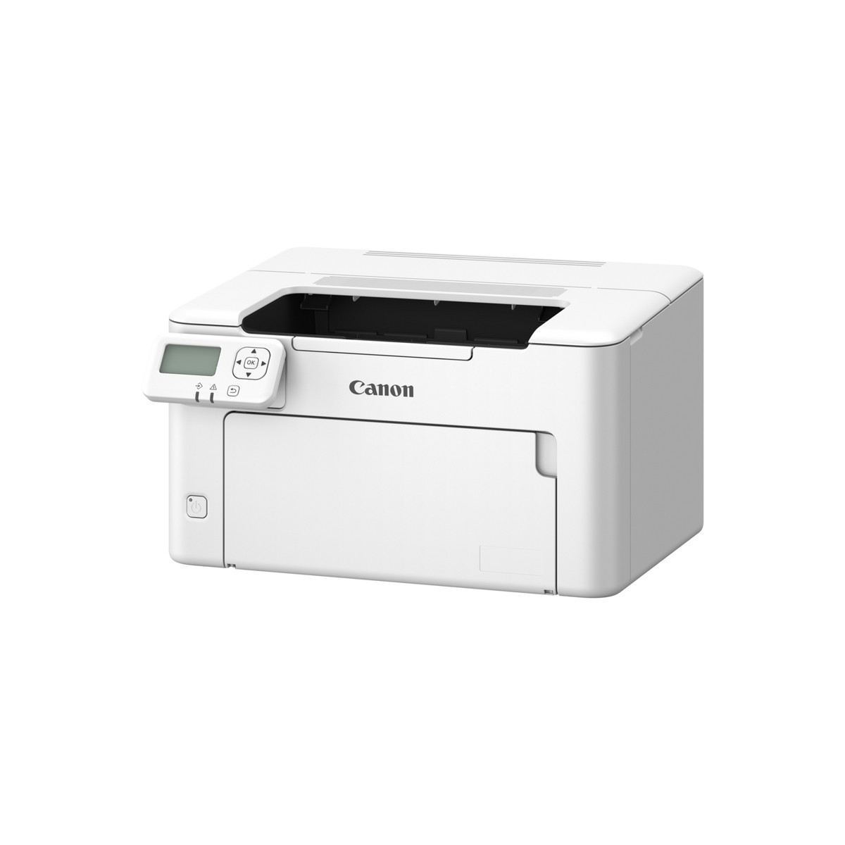 Kompaktowa biała drukarka laserowa Canon z panelem LCD i podajnikiem papieru na białym tle.