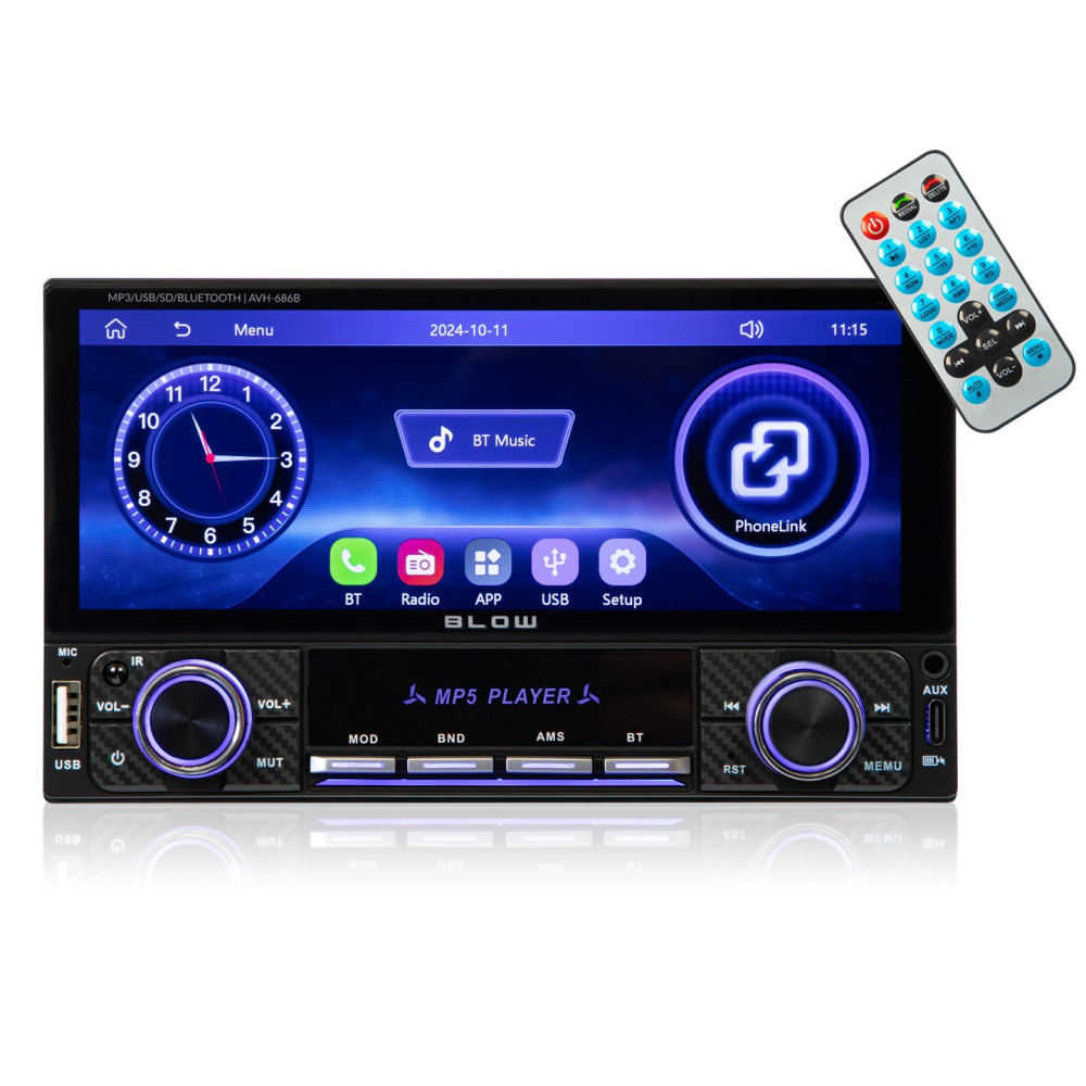 Radio samochodowe z ekranem dotykowym, niebiesko podświetlanymi przyciskami, portem USB i pilotem.